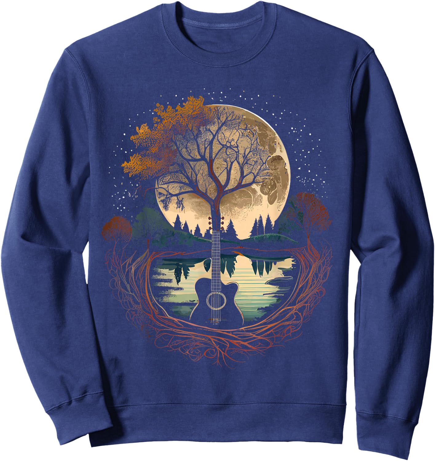 Acoustic Guitar Tree and Moon by The Lake Guitarist Sweatshirt - Sweatshirt | Navy