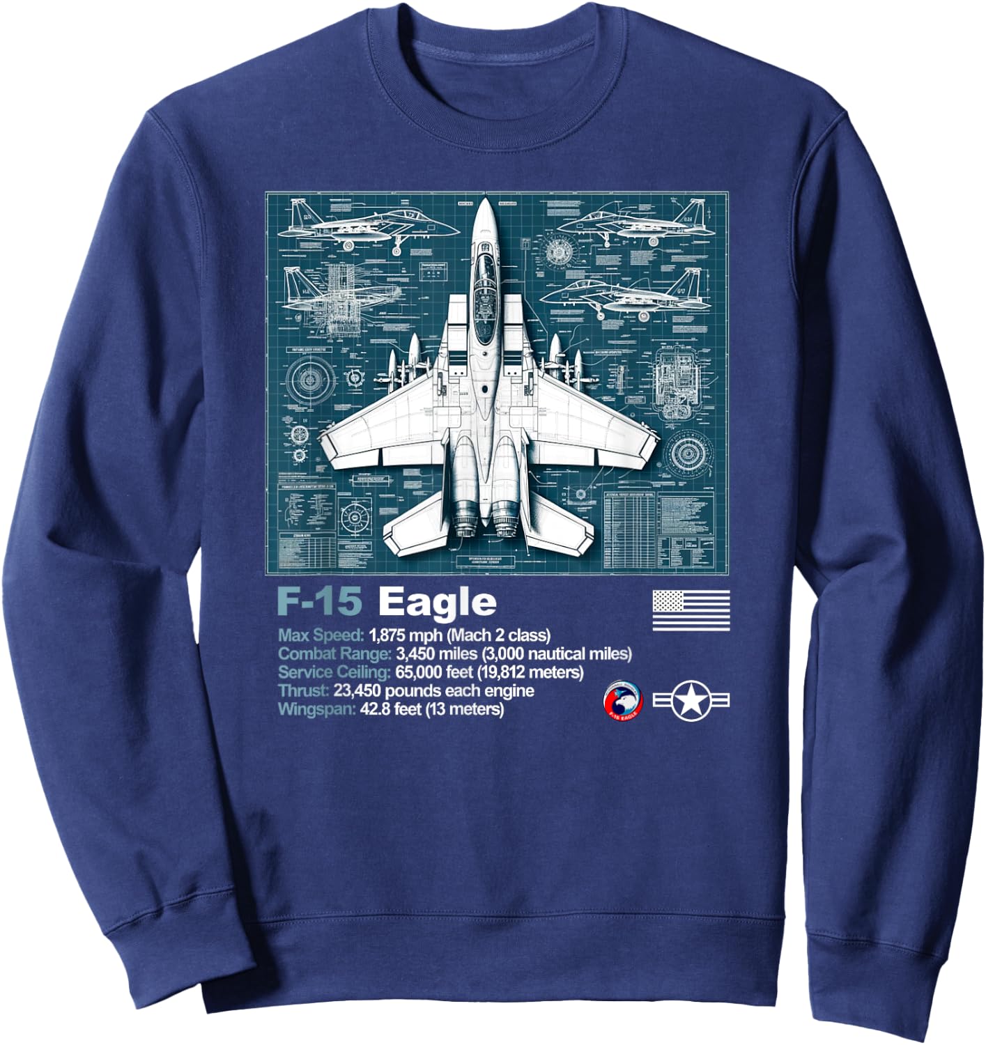 F15 Fighter Jet Blueprint Technical Drawings and Specs Sweatshirt - Sweatshirt | Navy