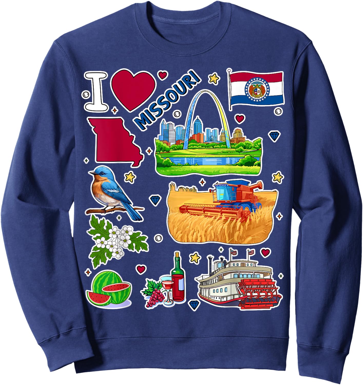 Missouri map, hand drawn Missouri State Symbols and icons Sweatshirt - Sweatshirt | Navy
