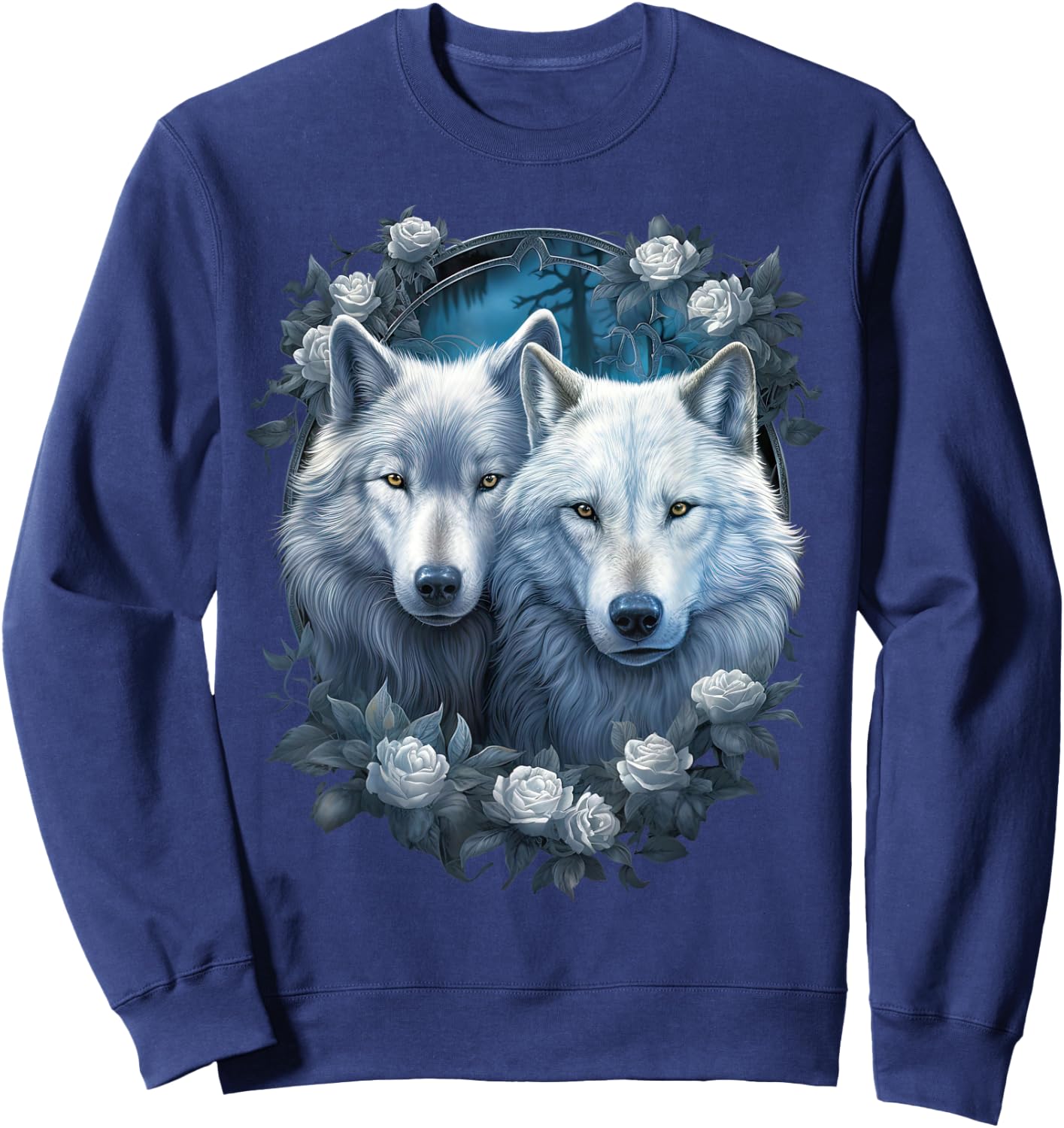 Wolf Wolves with white Roses Fantasy Art Wildlife Sweatshirt - Sweatshirt | Navy
