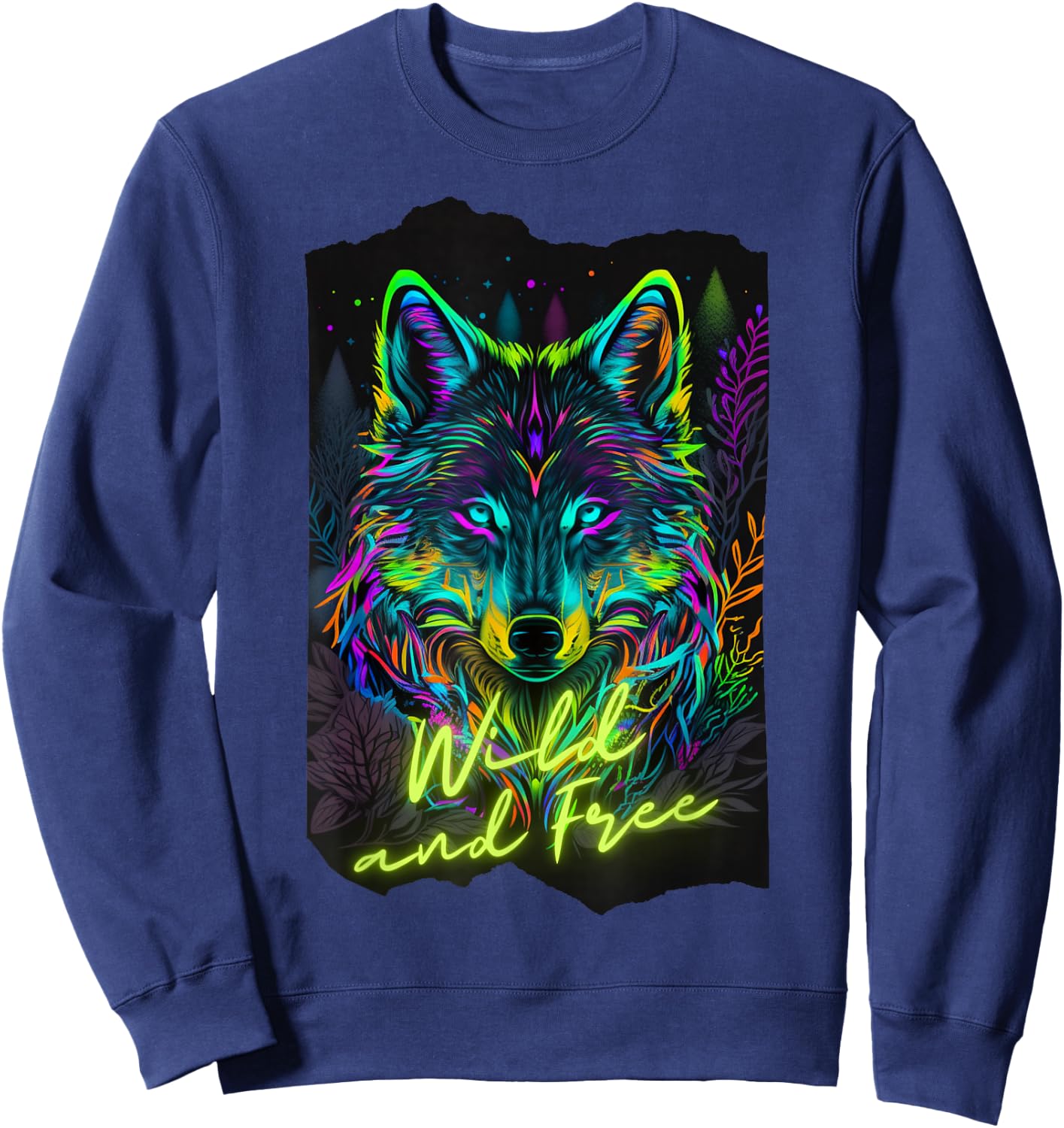 Retro 80s Vaporwave Synthwave Wolf Colorful Black Light Cool Sweatshirt - Sweatshirt | Navy