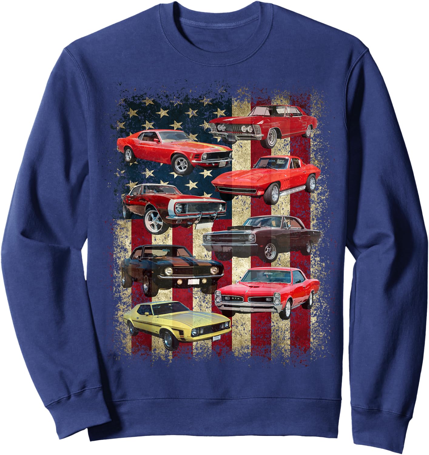 Vintage Classic Muscle Car Retro American Flag Patriotic Sweatshirt - Sweatshirt | Navy