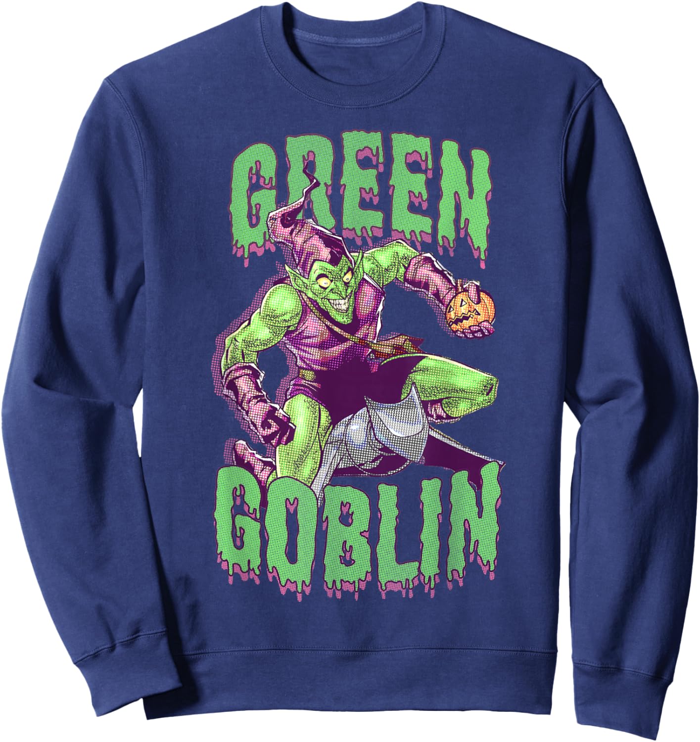 Marvel Halloween Green Goblin Slimy Font Vintage Comic Logo Sweatshirt - Sweatshirt | Navy