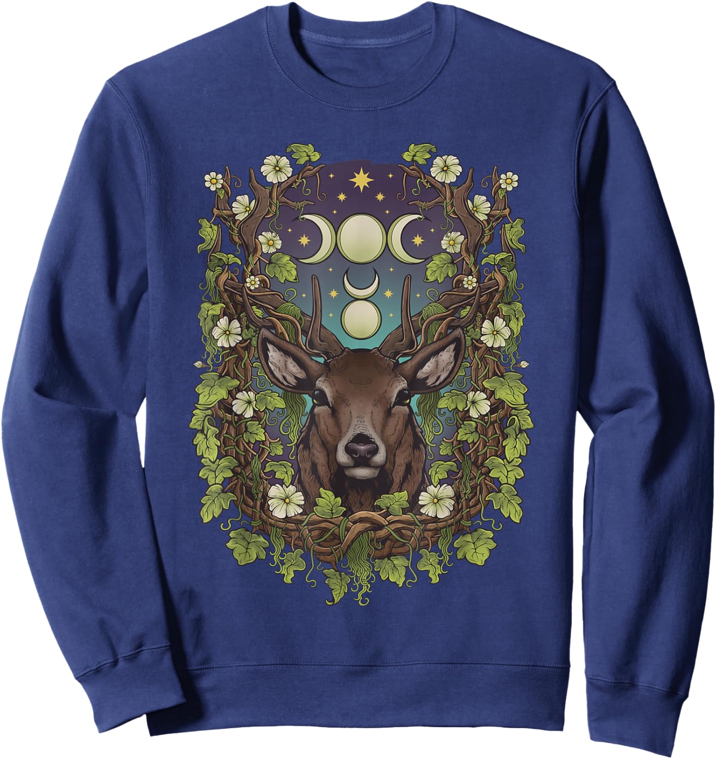 Art Nouveau Cernunnos Stag Bohemian Nature Moon Phases Wicca Sweatshirt - Sweatshirt | Navy