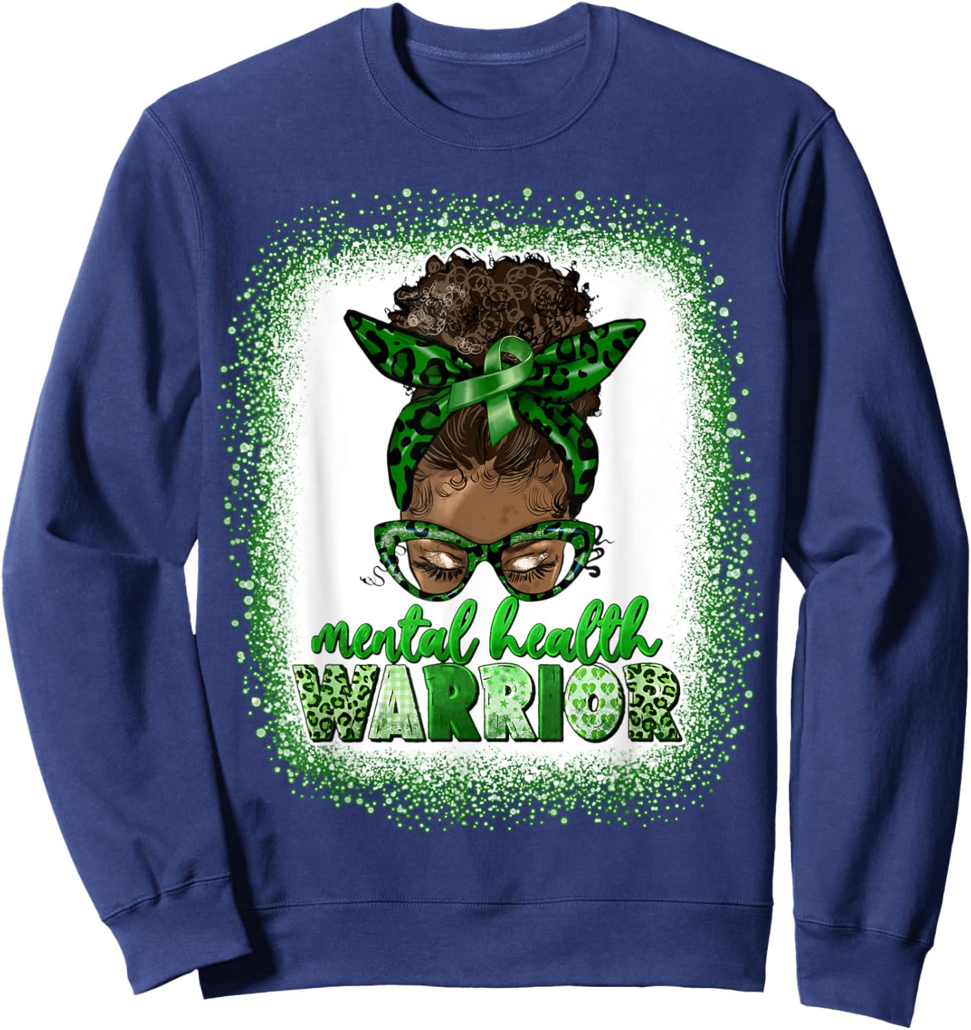 Mental Health Warrior Afro Messy Bun Leopard Black Women Sweatshirt - Sweatshirt | Navy