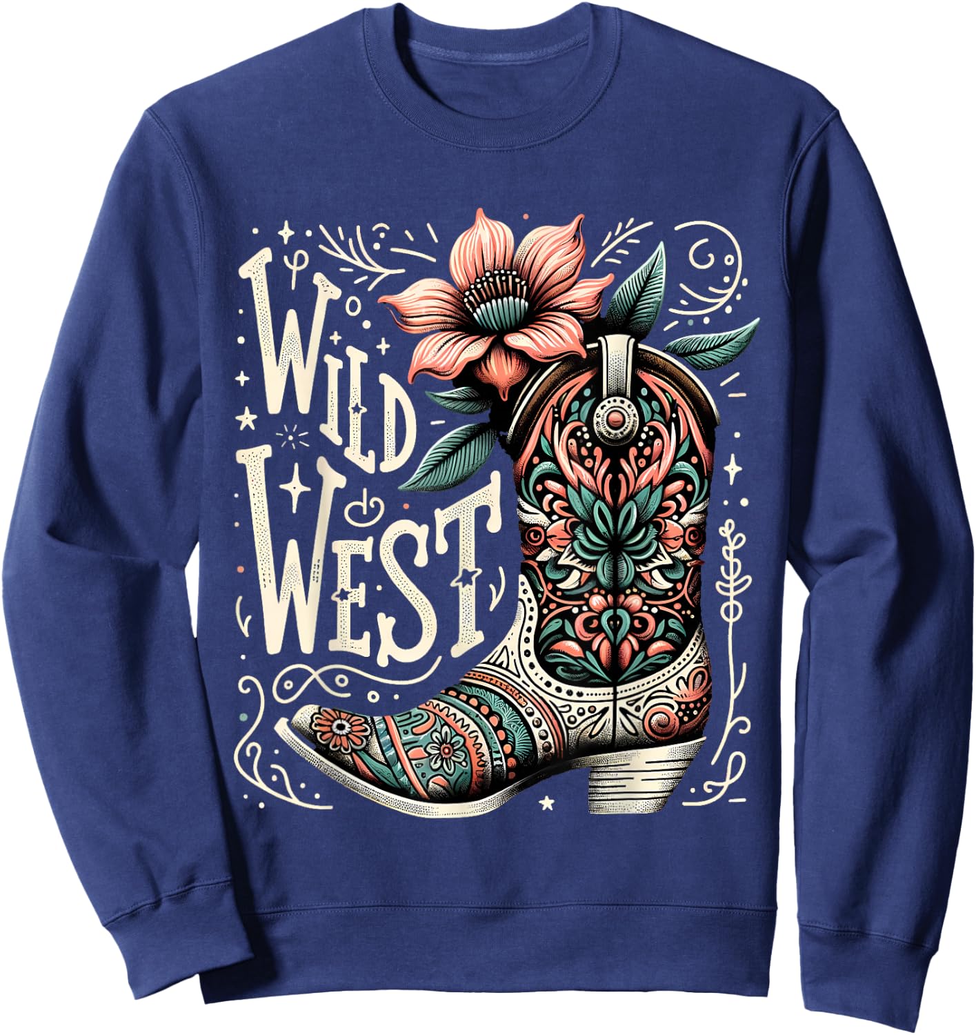 Wild West Country Music Vintage Cowgirl Boot Western Flower Sweatshirt - Sweatshirt | Navy
