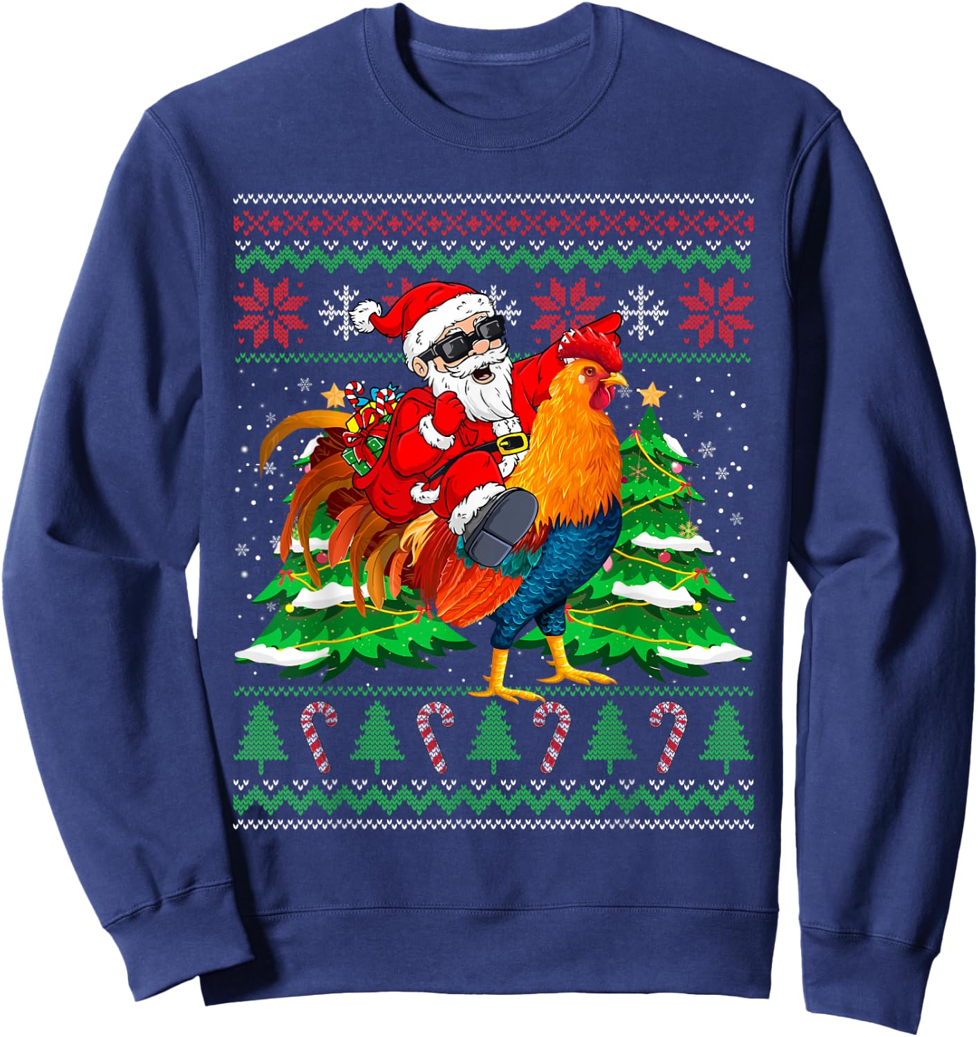 Santa With Rooster Christmas Tree Farmer Ugly Xmas Sweater Sweatshirt - Sweatshirt | Navy
