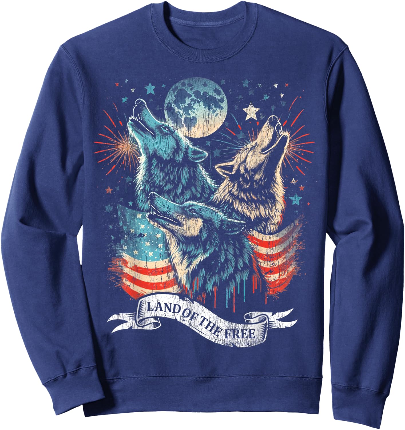 Wolf 4th of July American Flag Howling America Moon Funny Kids Men Sweatshirt - Sweatshirt | Navy