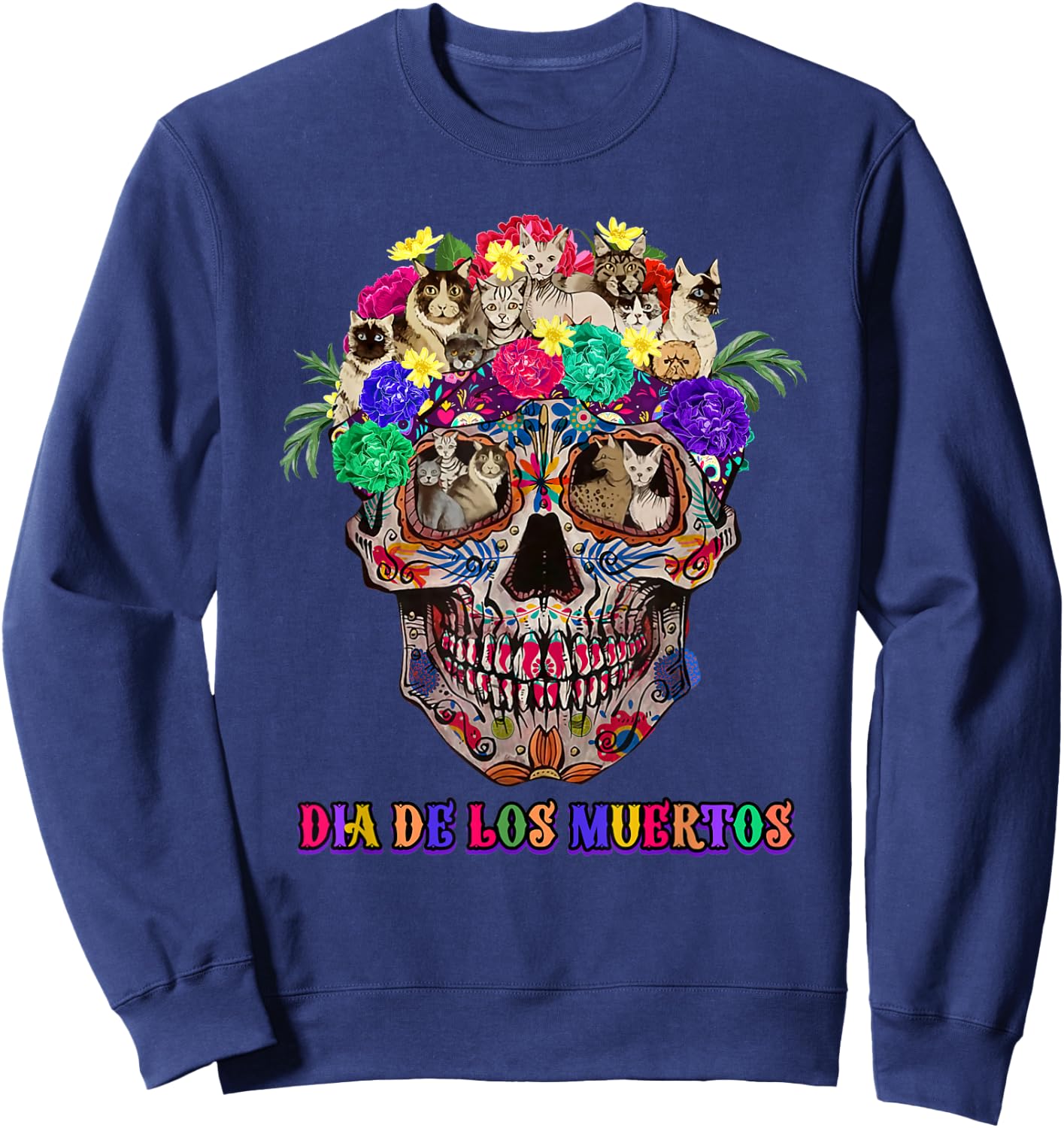 Dia De Los Muertos day of the-dead cat sugar skull Sweatshirt - Sweatshirt | Navy