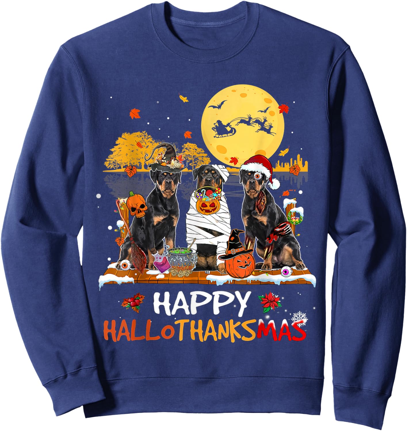 Rottweiler Happy Hallothanksmas Halloween Thanksgiving Xmas Sweatshirt - Sweatshirt | Navy