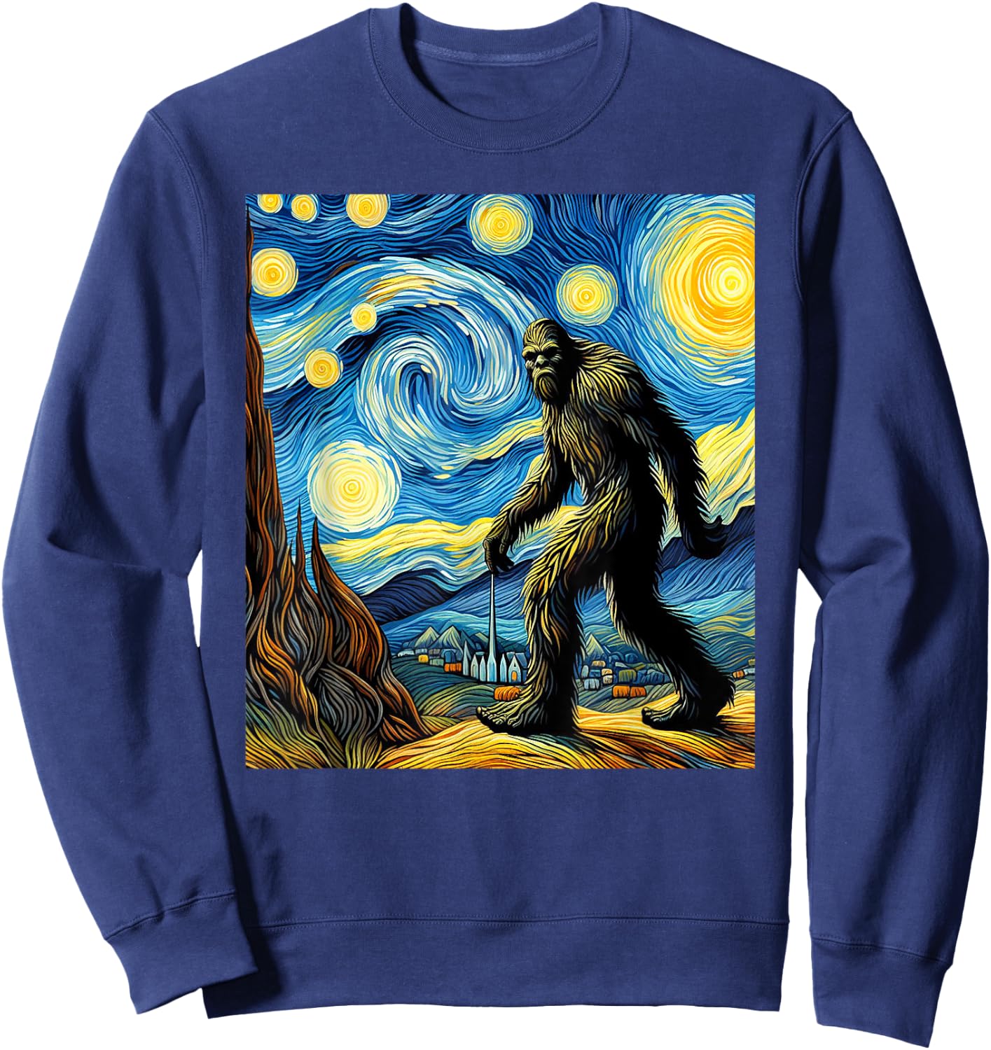 Funny Bigfoot Starry Night Sasquatch Van Gogh Sky Painting Sweatshirt - Sweatshirt | Navy