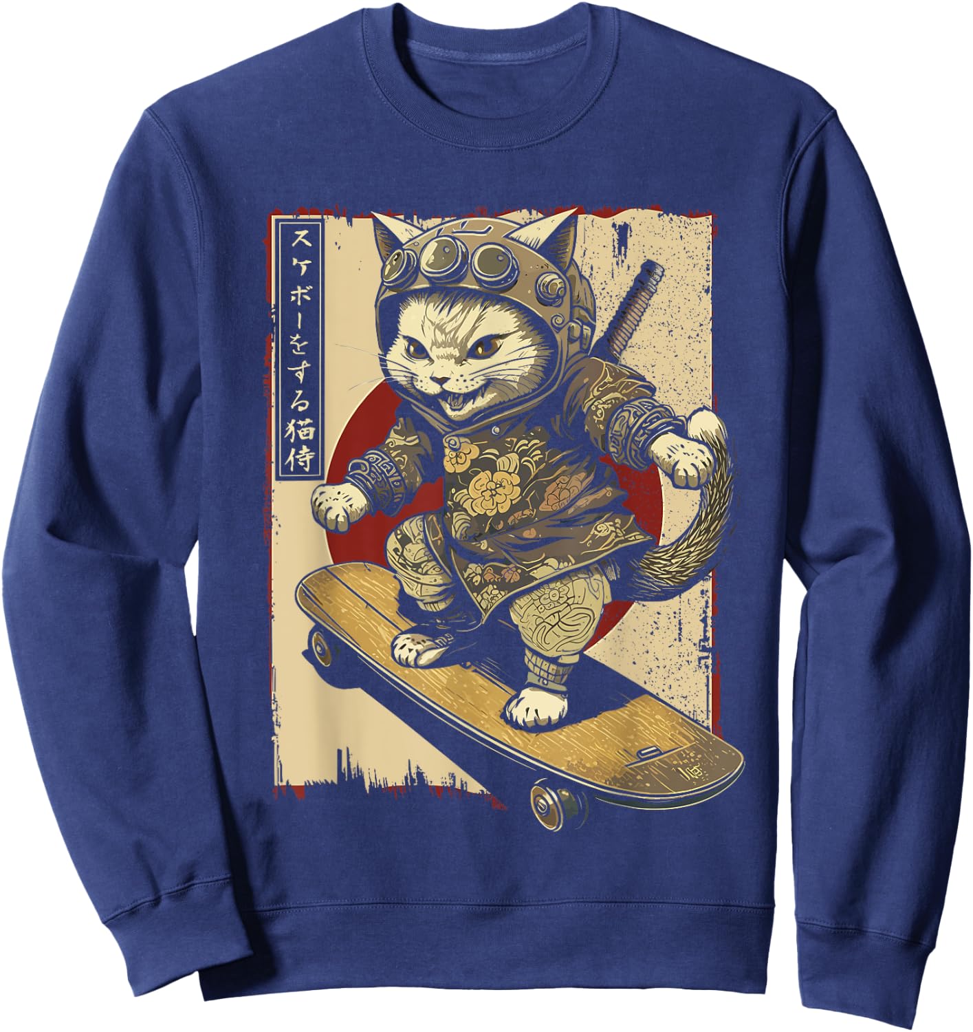 Japanese Skateboard Samurai Cat Tattoo Kawaii Ninja Cat Women Sweatshirt - Sweatshirt | Navy