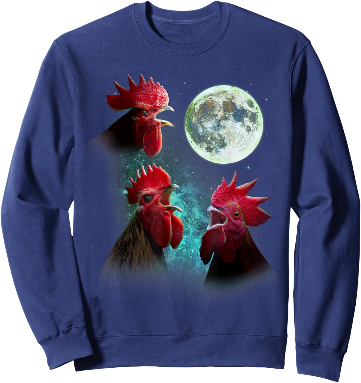 Three Rooster Chickens Howl At Moon 3 Wolfs Wolves Parody Sweatshirt - Sweatshirt | Navy