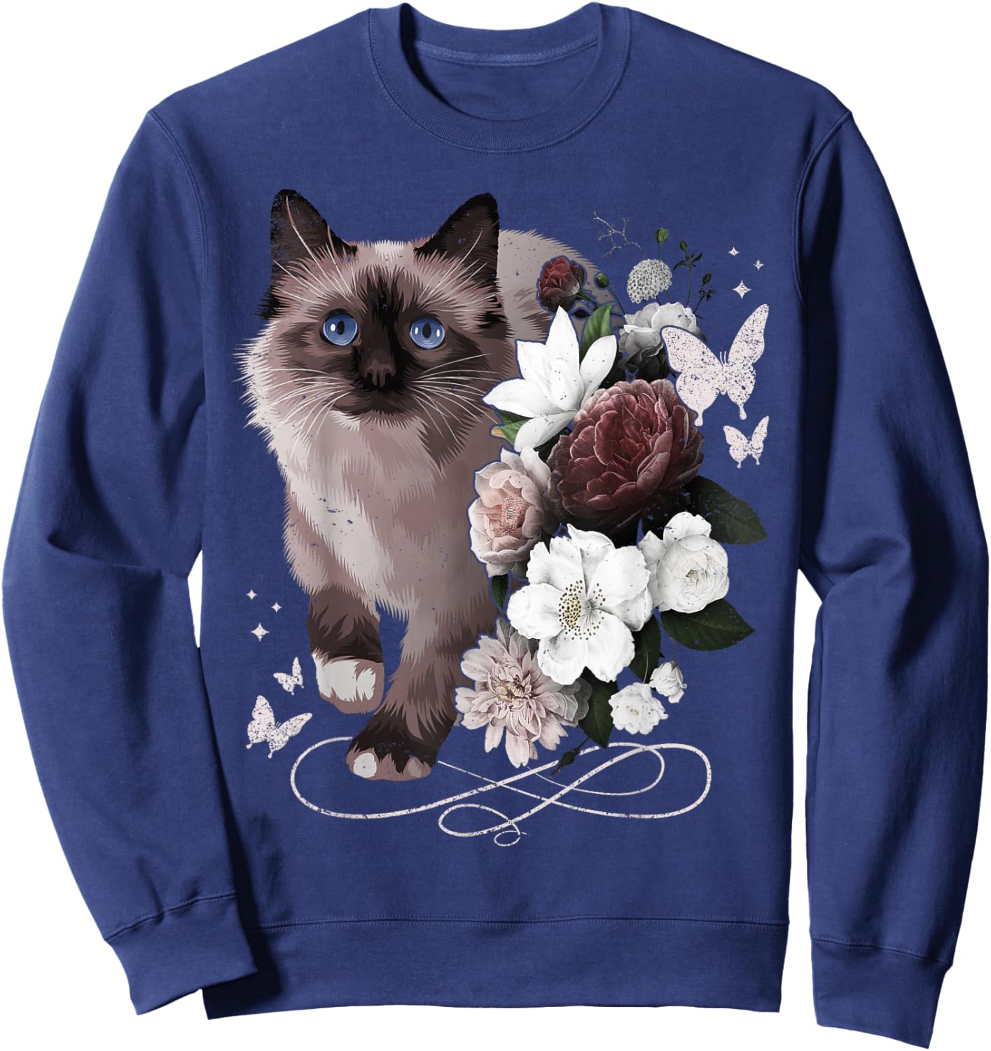 Siamese Cat with Flowers Vintage Look Floral Siamese Cat Sweatshirt - Sweatshirt | Navy