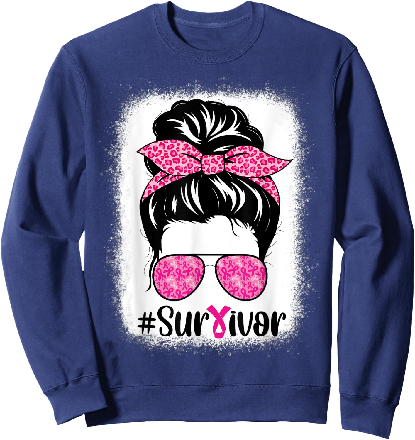 Survivor Breast Cancer Awareness Messy Bun Hair Bleached Sweatshirt - Sweatshirt | Navy
