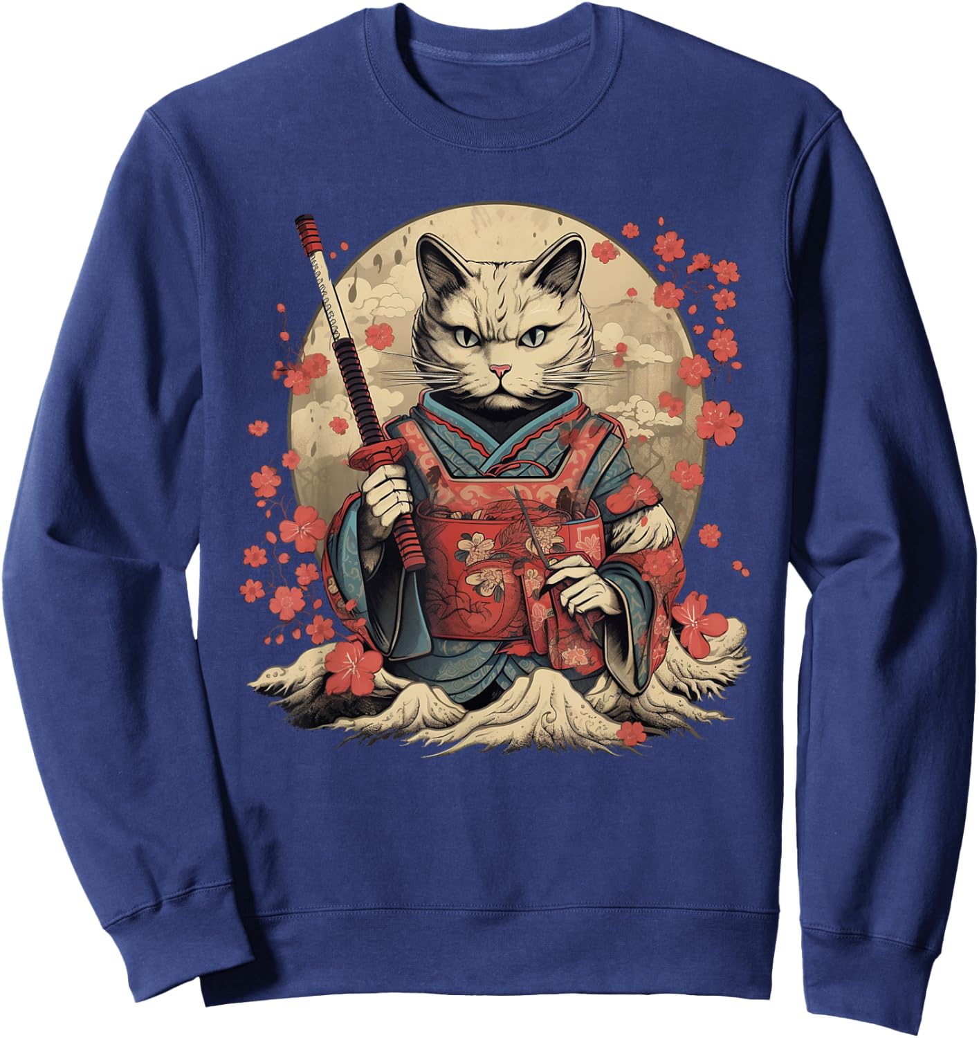 Vintage Japanese Samurai Ninja Cat Tattoo Kawaii Sweatshirt - Sweatshirt | Navy