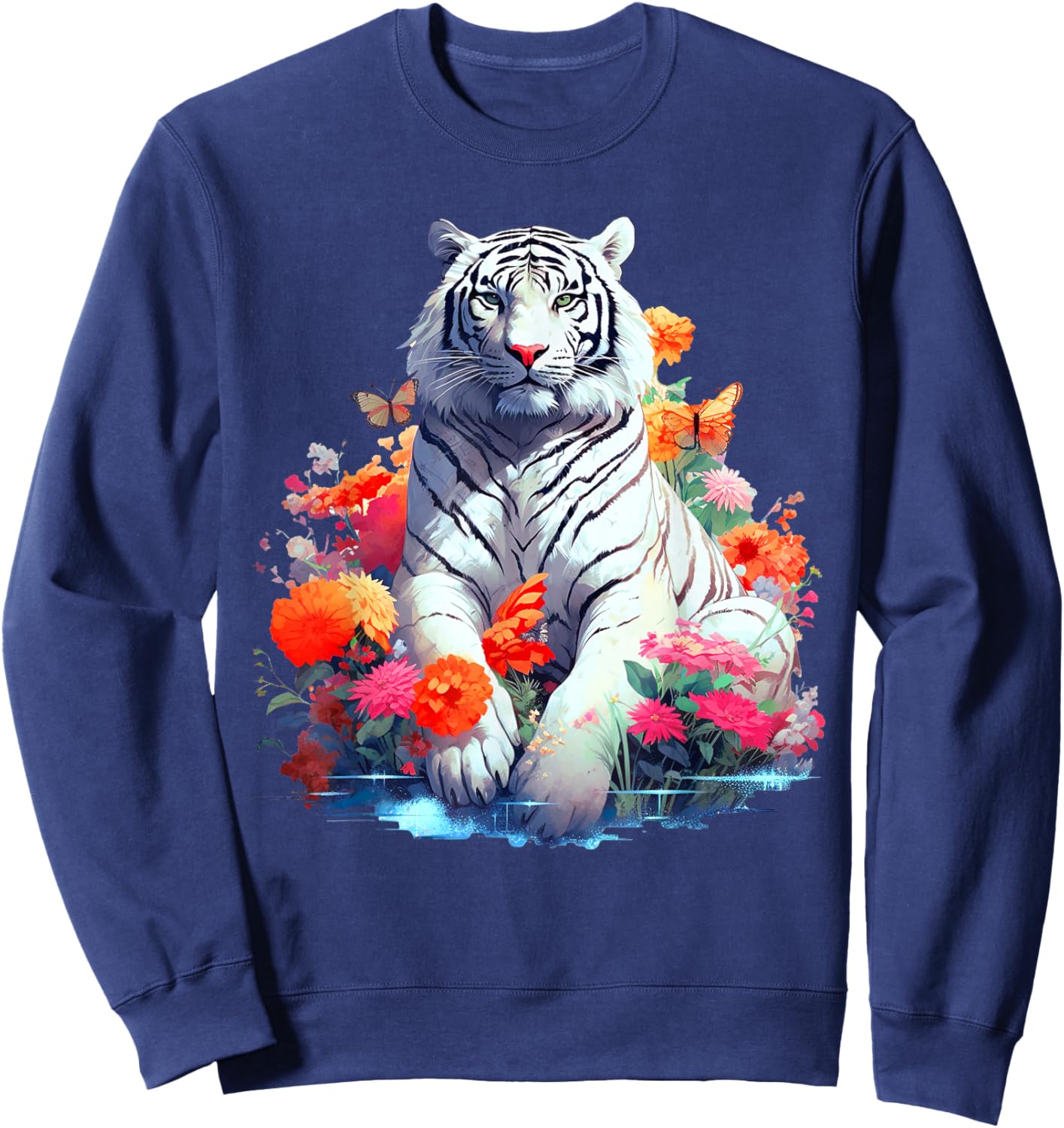 Tiger in White - Flower Art - Animal Art Tiger Sweatshirt - Sweatshirt | Navy