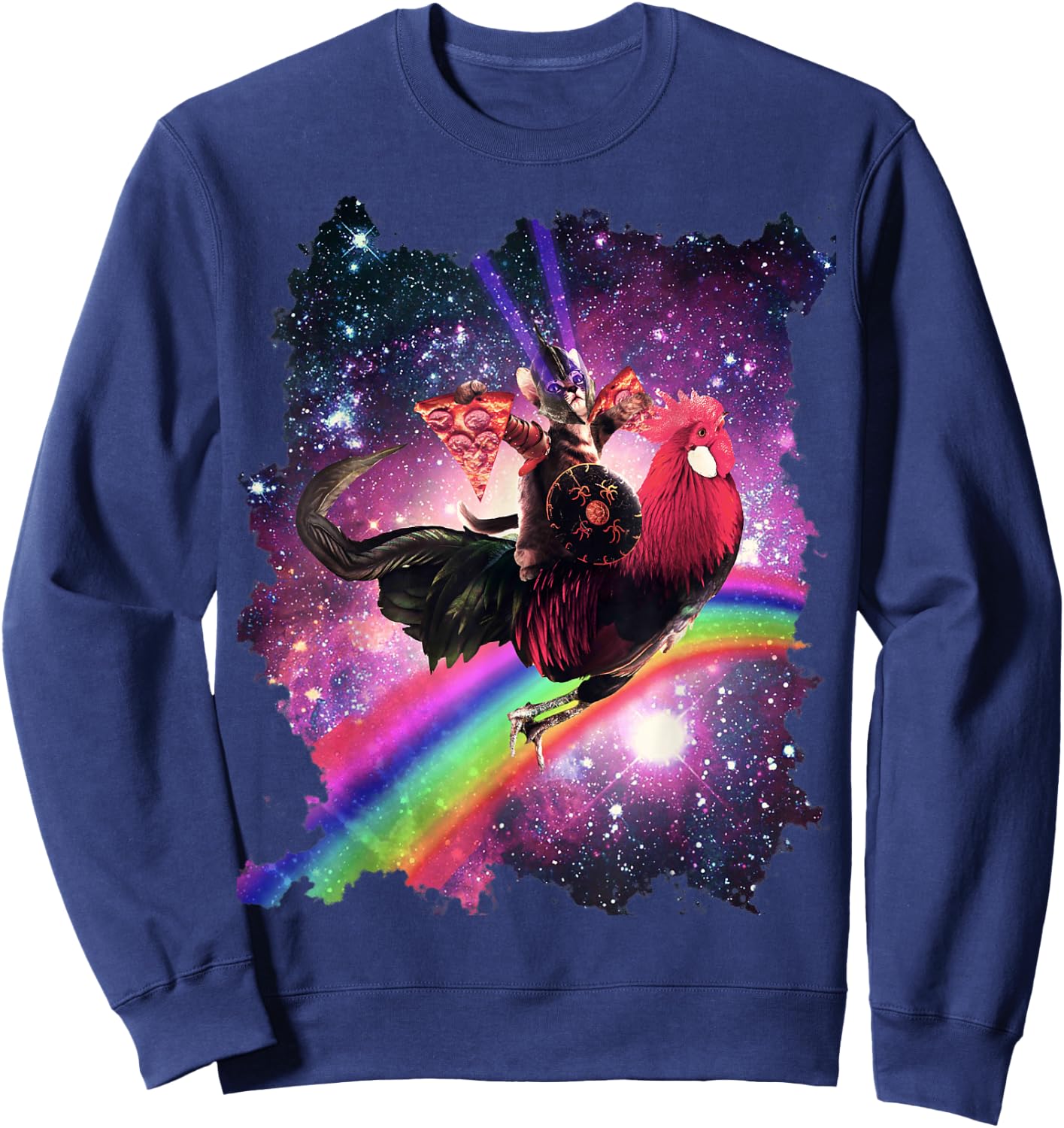 Lazer Warrior Space Cat Riding Chicken with Pizza Sweatshirt - Sweatshirt | Navy