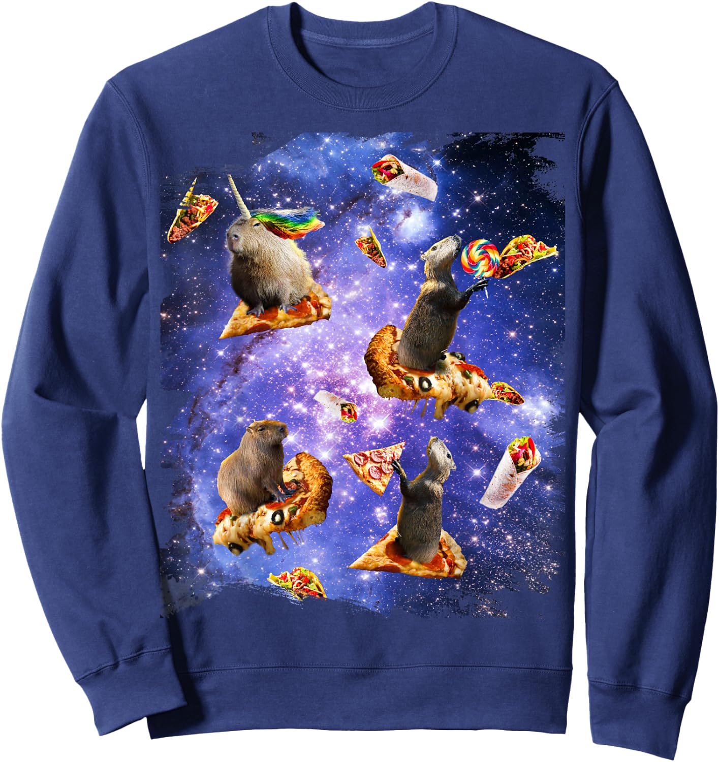Space Capybara On Pizza Taco, Galaxy Capybaras Funny Sweatshirt - Sweatshirt | Navy