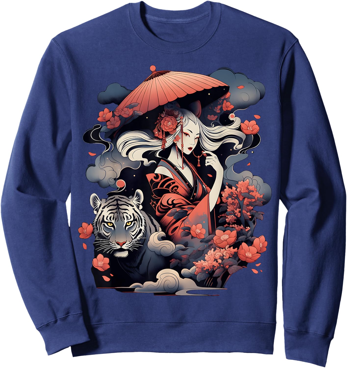 Step Up Your Style Game with This Vibrant Geisha and Tiger Sweatshirt - Sweatshirt | Navy