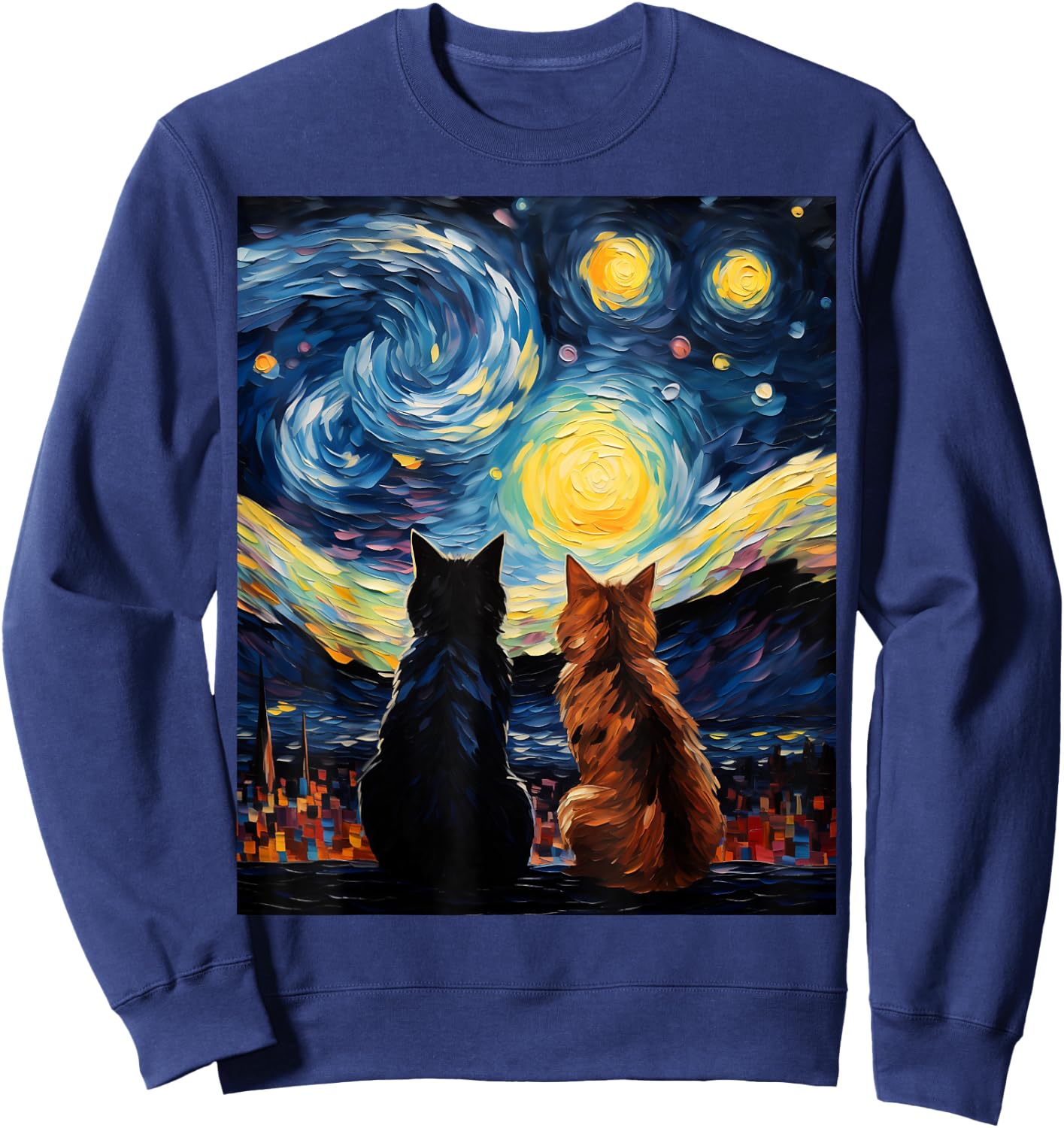 Funny Couples Cats Lover Starry Night Vincent van Gogh Cat Women Girls Kids Sweatshirt - Sweatshirt | Navy