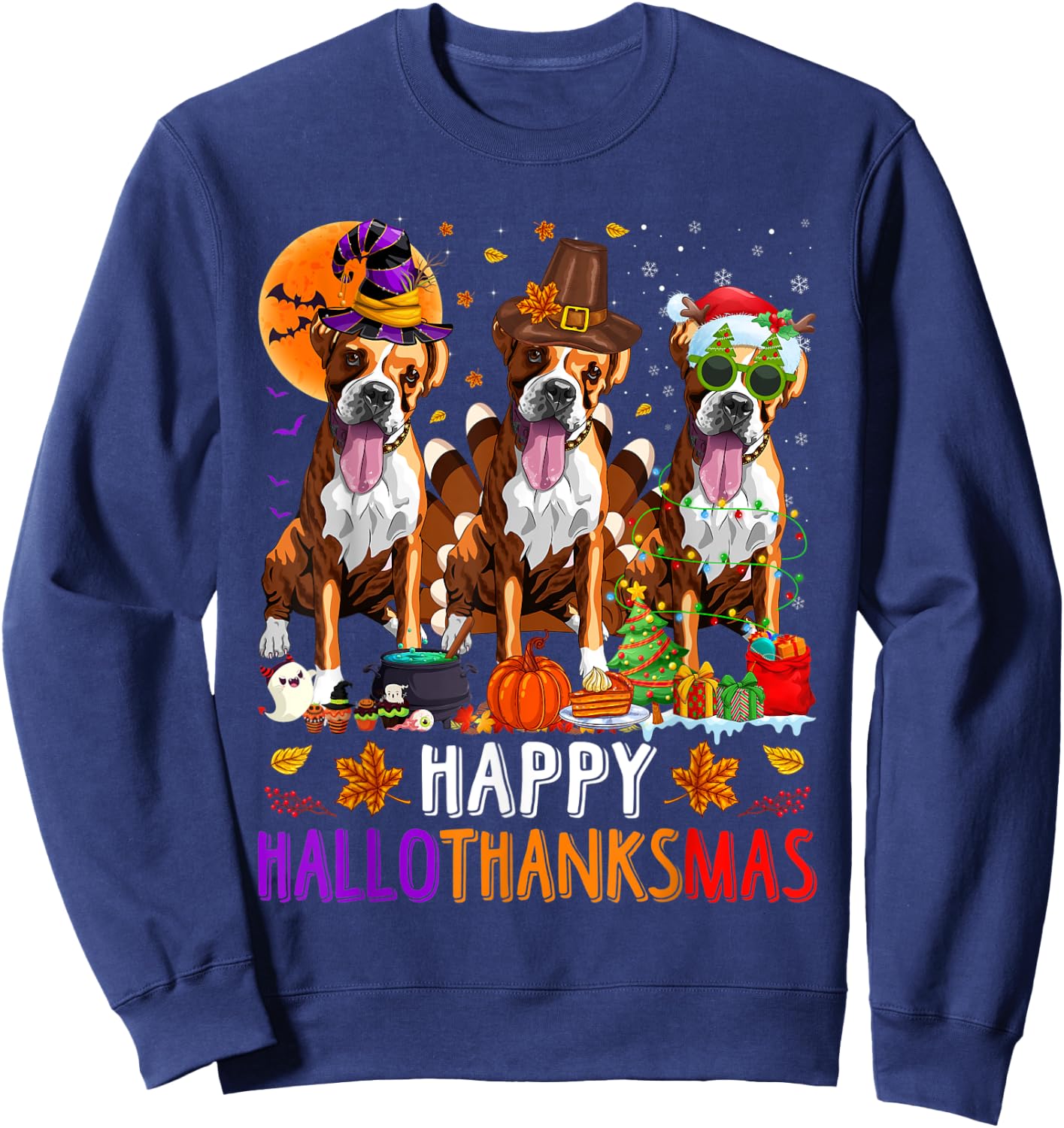 Happy Hallothanksmas Boxer Dog Halloween Christmas Sweatshirt - Sweatshirt | Navy