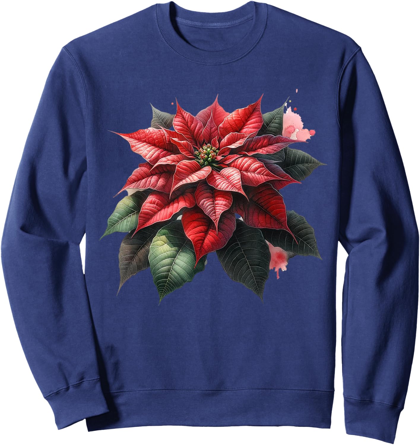 Poinsettia Watercolor Flower Holiday Christmas Graphics Sweatshirt - Sweatshirt | Navy