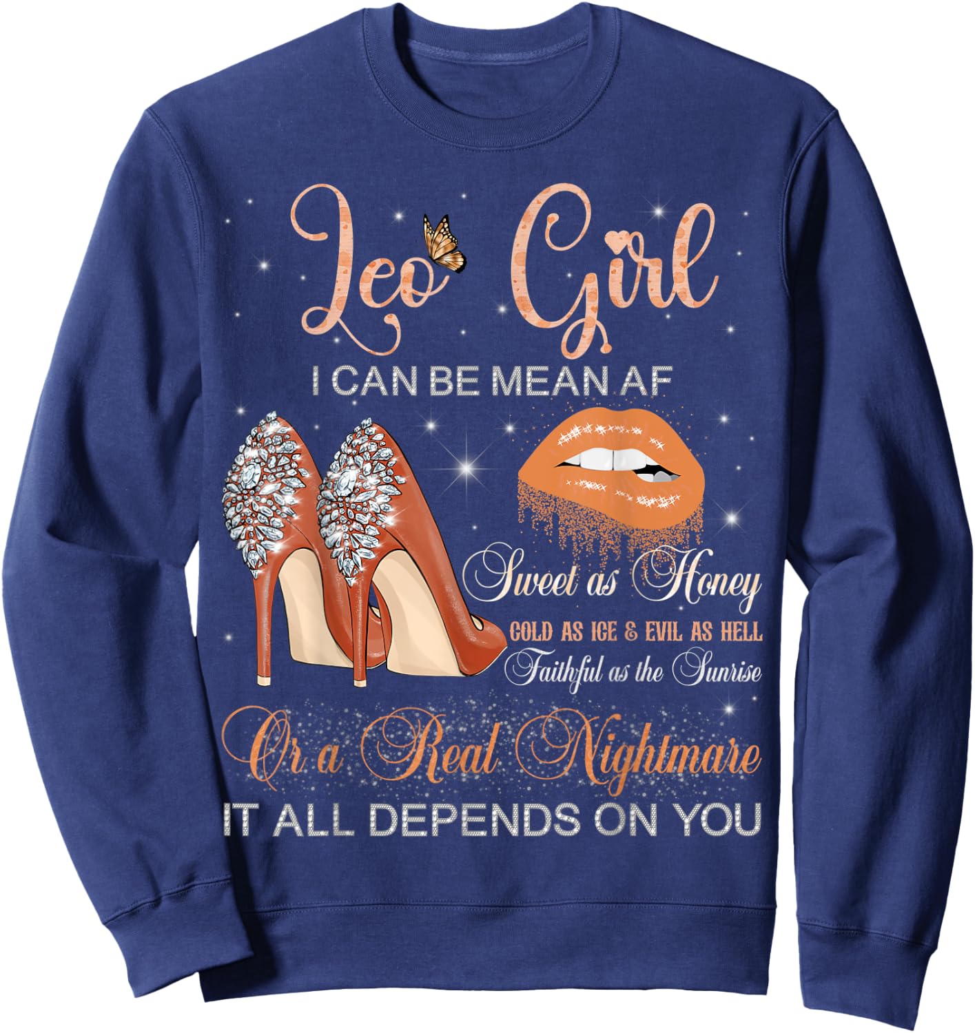 Leo Girl Zodiac Birthday High Heels Dripping Lips Butterfly Sweatshirt - Sweatshirt | Navy