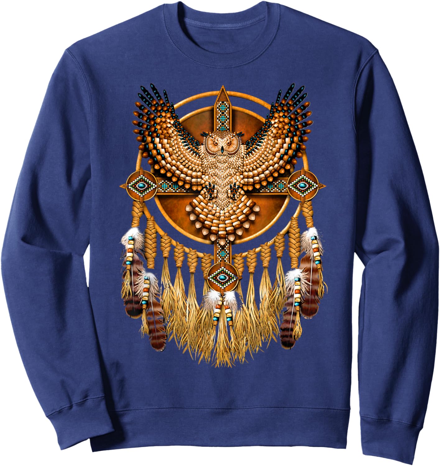 Owl Colorful Dreamcatcher Feathers Tribal Native American Sweatshirt - Sweatshirt | Navy