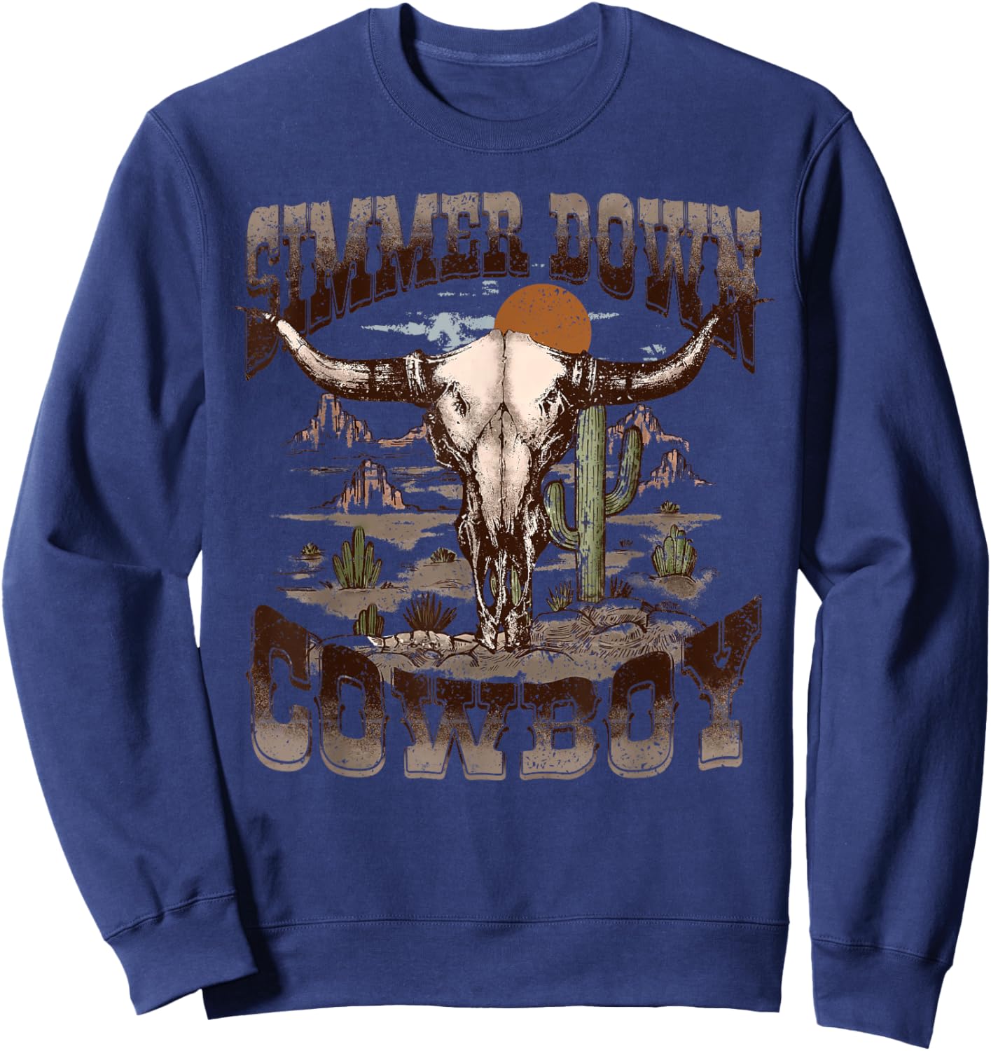 Vintage Simmer Down Cowboy Bull Skull Western Graphic Sweatshirt - Sweatshirt | Navy