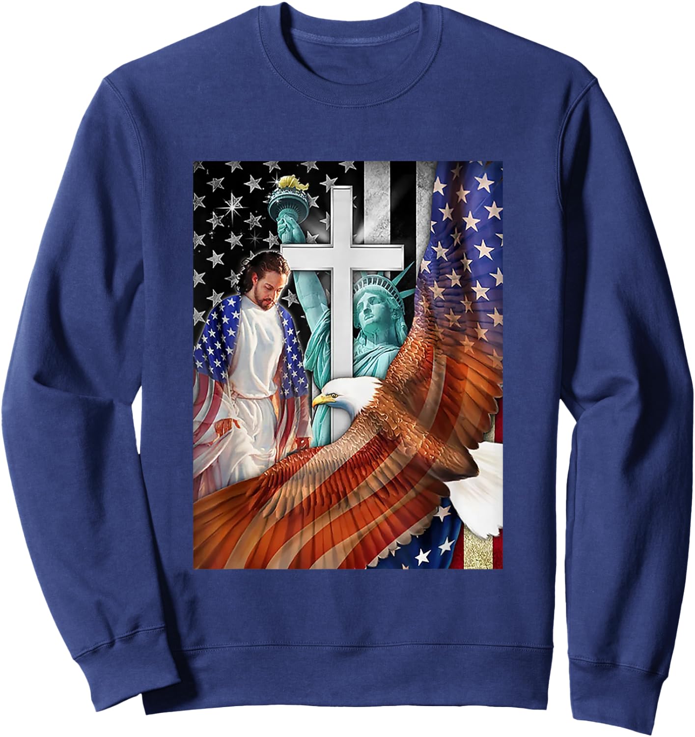 Bald Eagle with Jesus Christ and American Flag Women Kids Men Sweatshirt - Sweatshirt | Navy