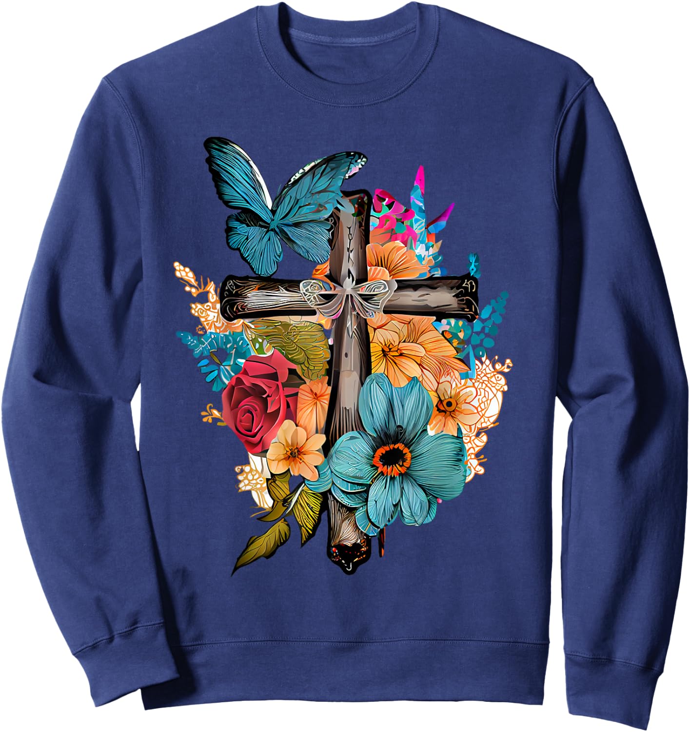 Jesus Cross Butterfly Flower Christian Faith Motivation Sweatshirt - Sweatshirt | Navy