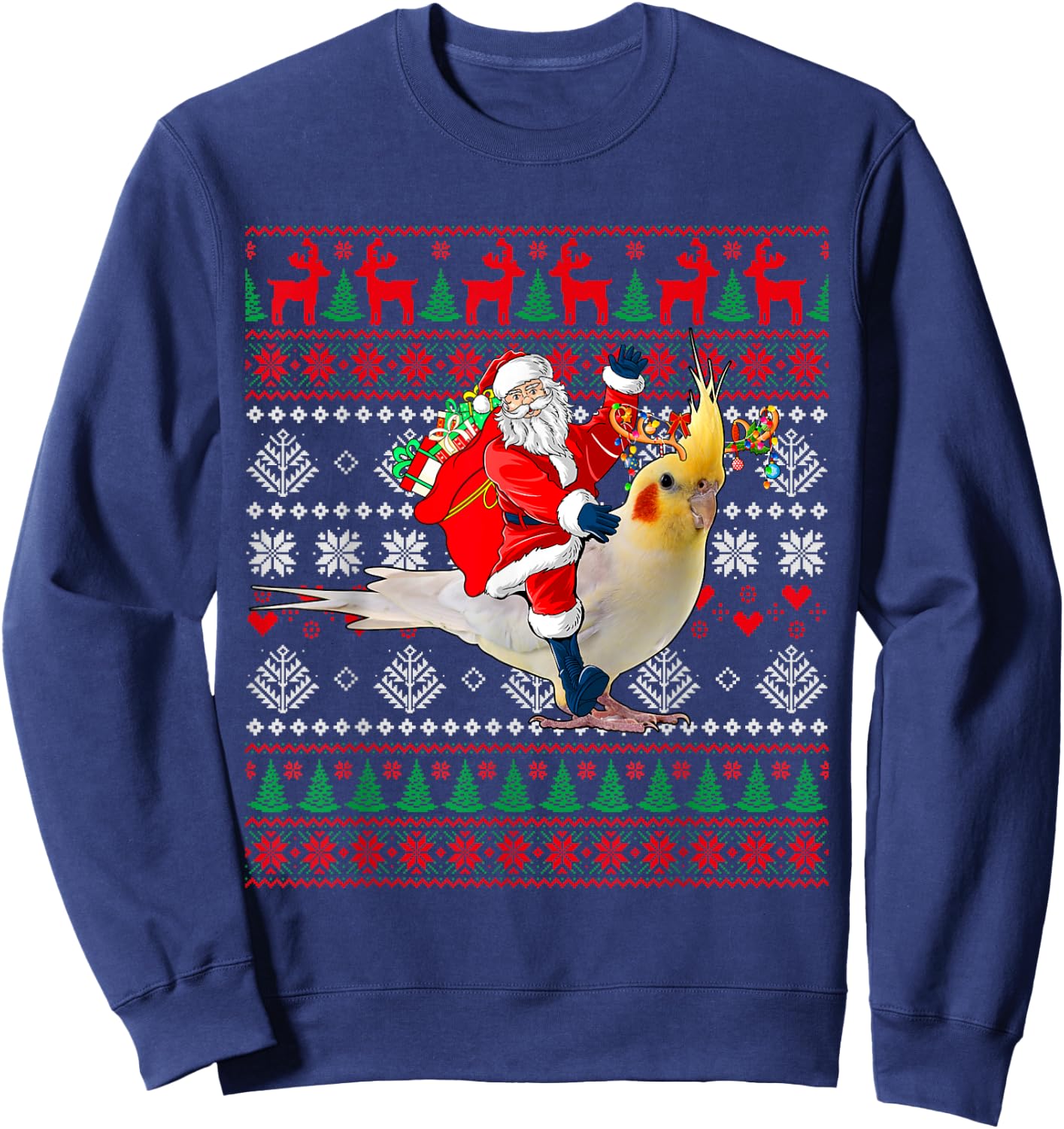 Santa Riding Reindeer Cockatiel Christmas Costume Bird Lover Sweatshirt - Sweatshirt | Navy