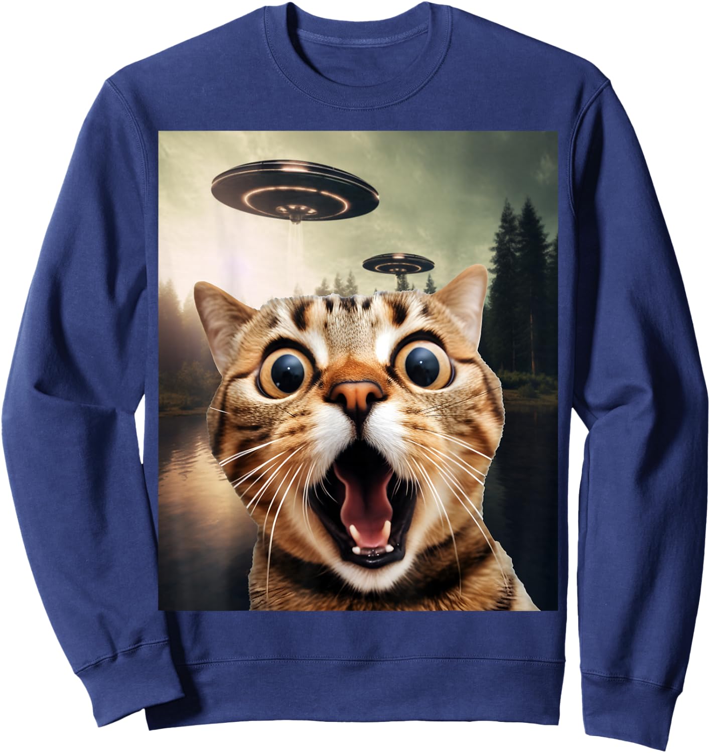 Alien UFO Funny Cat Shirt - Funny Cat Shirts for Cat Dad/Mom Sweatshirt - Sweatshirt | Navy