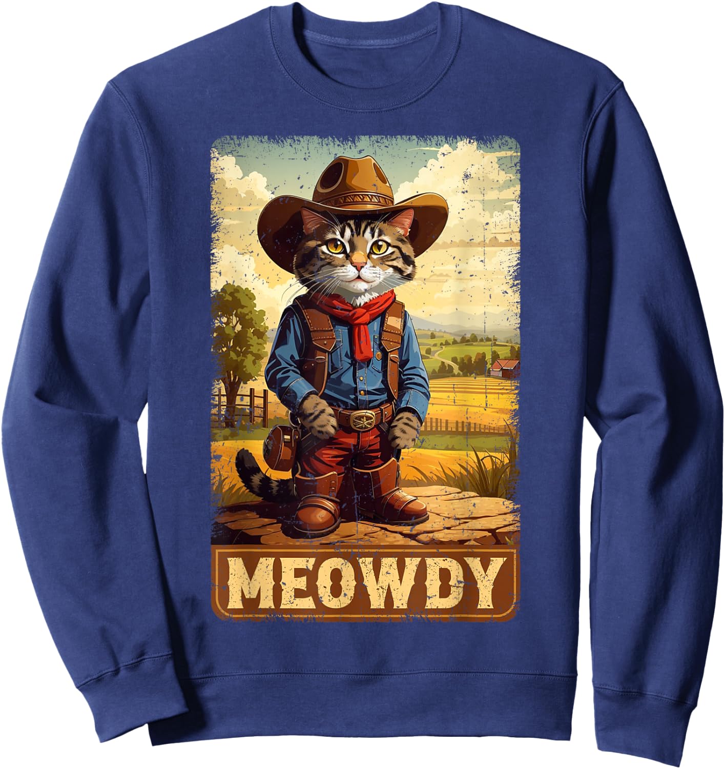 Meowdy Funny Country Side Cat Hat Vintage Cowboy Cat Sweatshirt - Sweatshirt | Navy