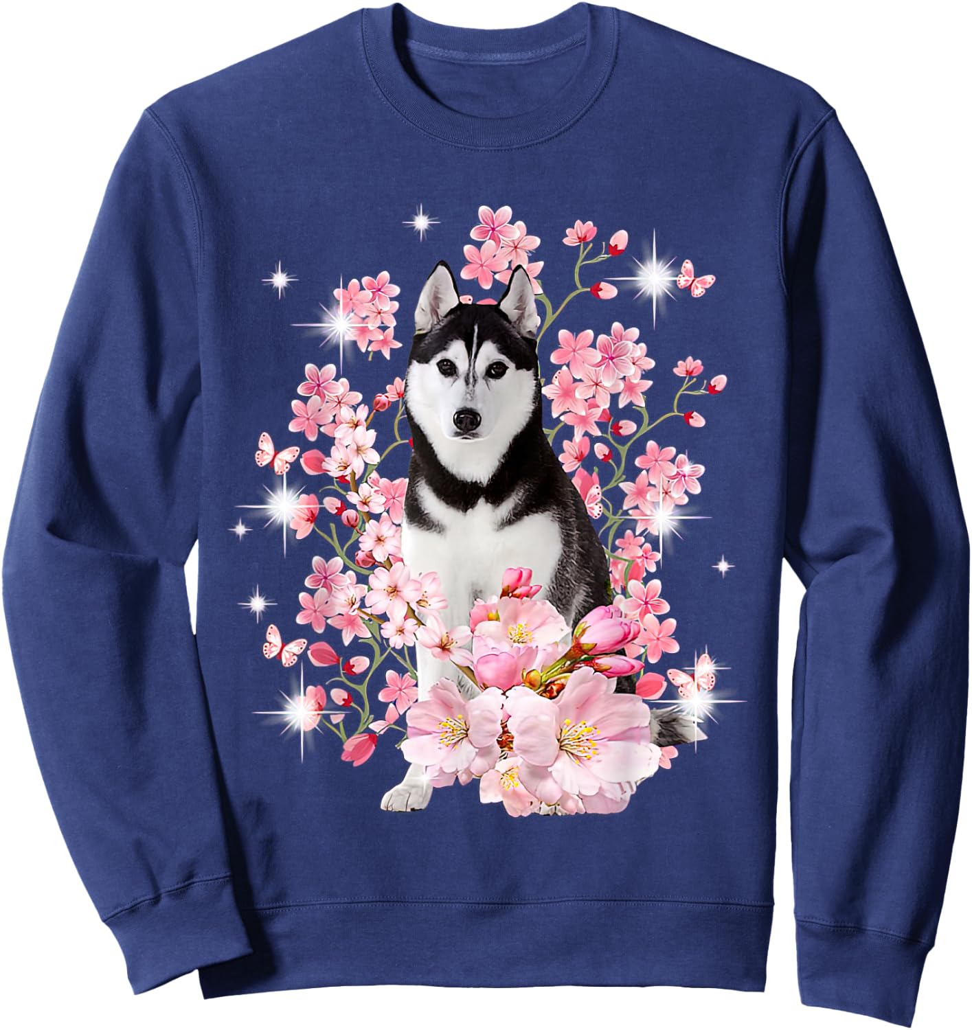 Husky Dog Japanese Cherry Blossom Sakura Flower Sweatshirt - Sweatshirt | Navy