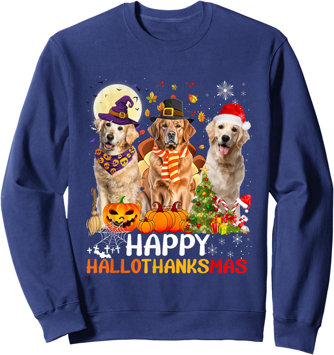 Cute Golden Retriever Happy Hallothanksmas Halloween Xmas Sweatshirt - Sweatshirt | Navy