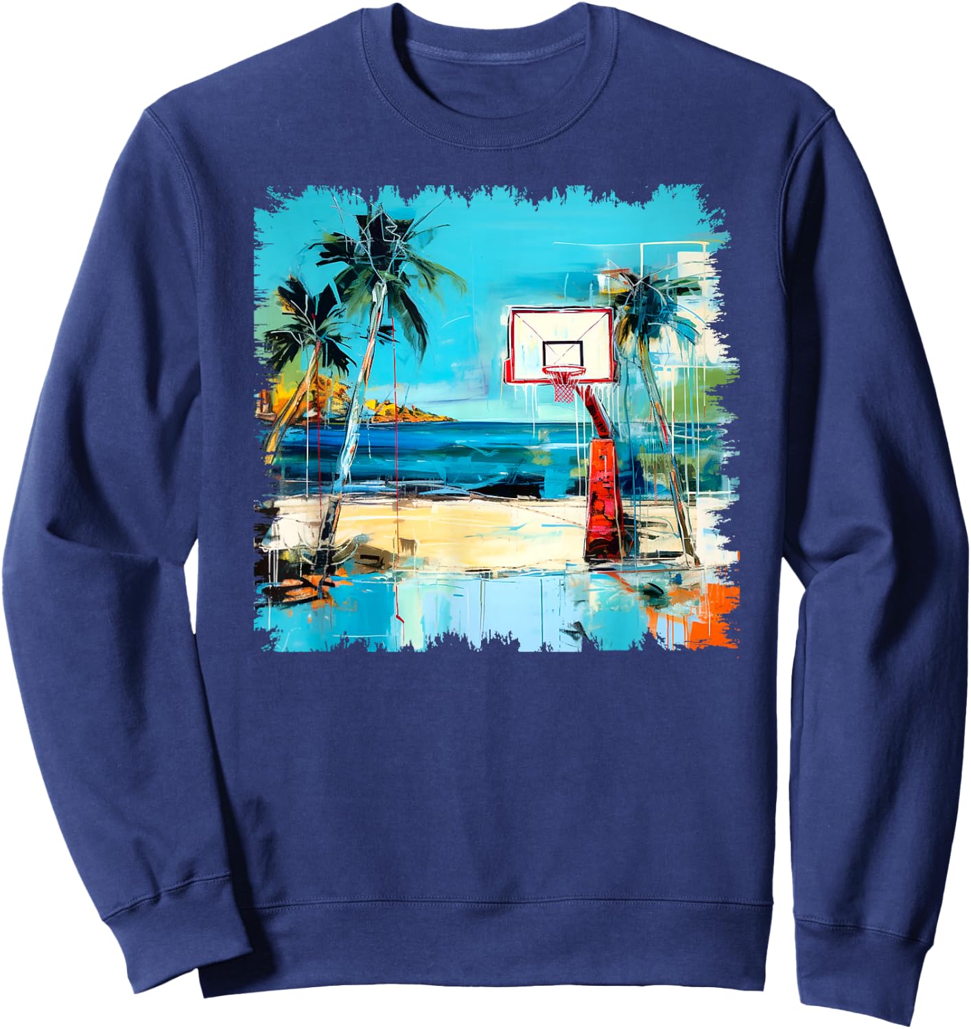 Basketball Hoop Tropical Sea Beach Stylish Street Art Design Sweatshirt - Sweatshirt | Navy