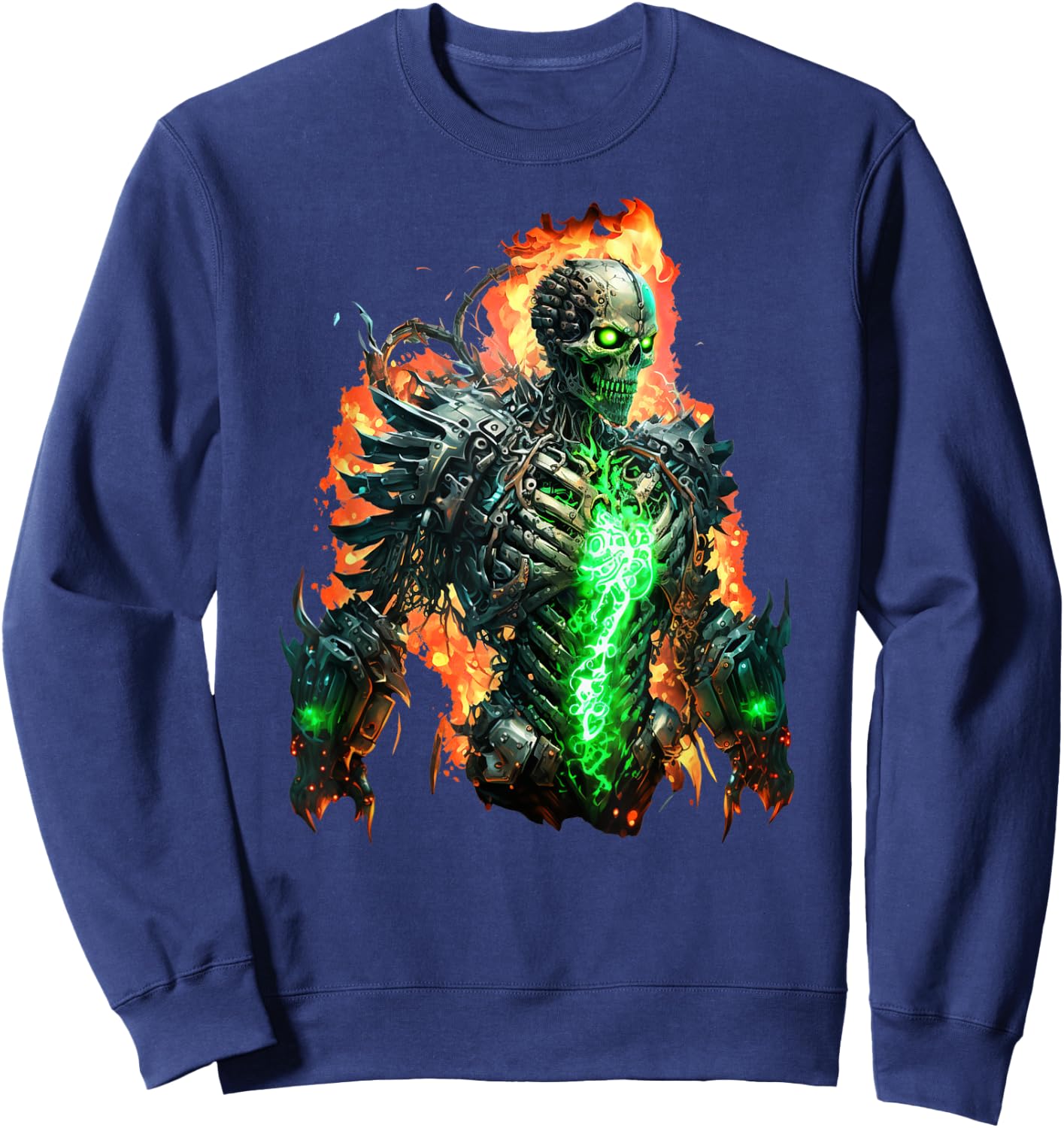 Flaming Skeleton Cyborg Graphic Sweatshirt - Sweatshirt | Navy