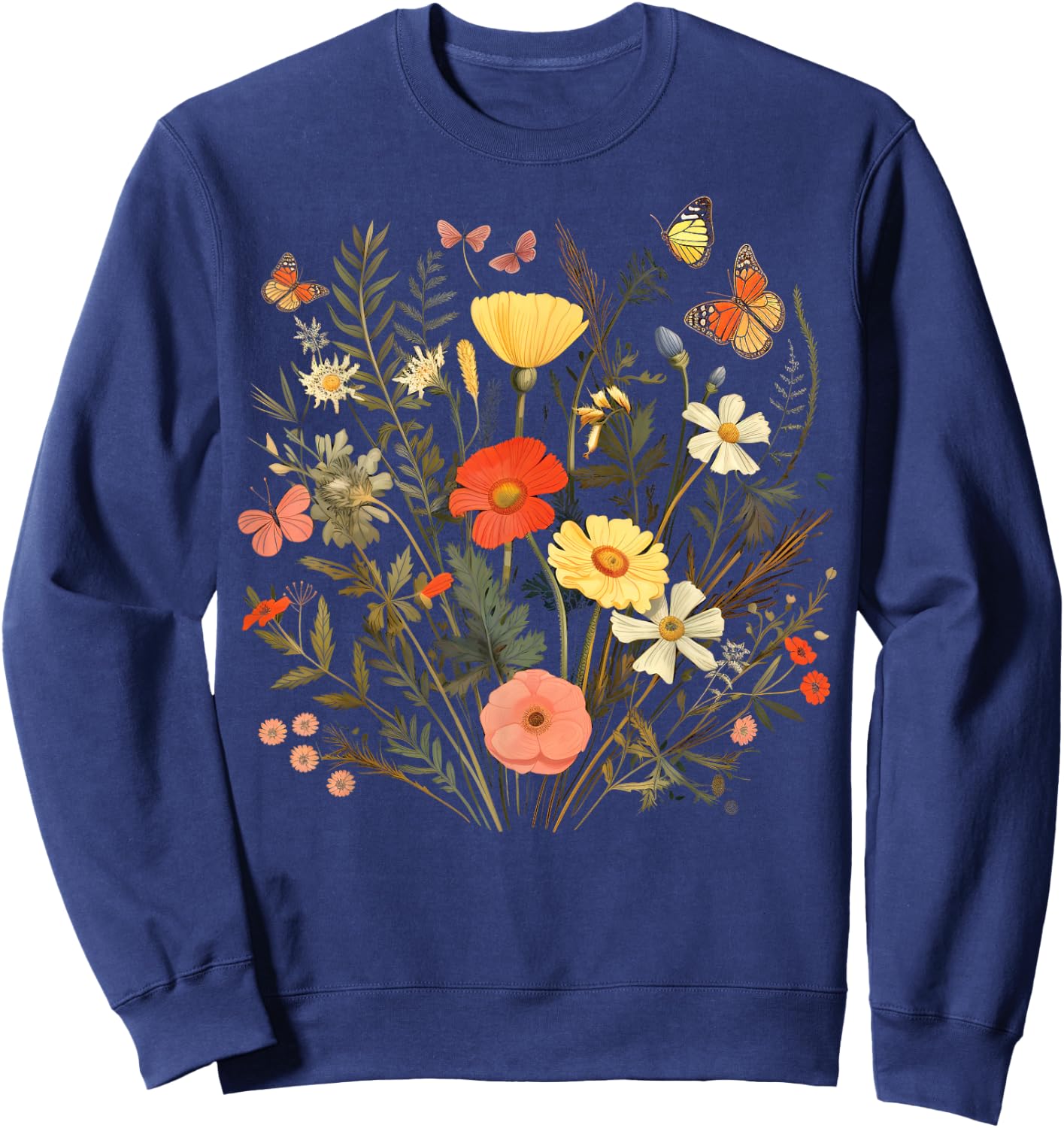 Vintage Pressed Flowers Butterflies Floral Boho Wildflowers Sweatshirt - Sweatshirt | Navy