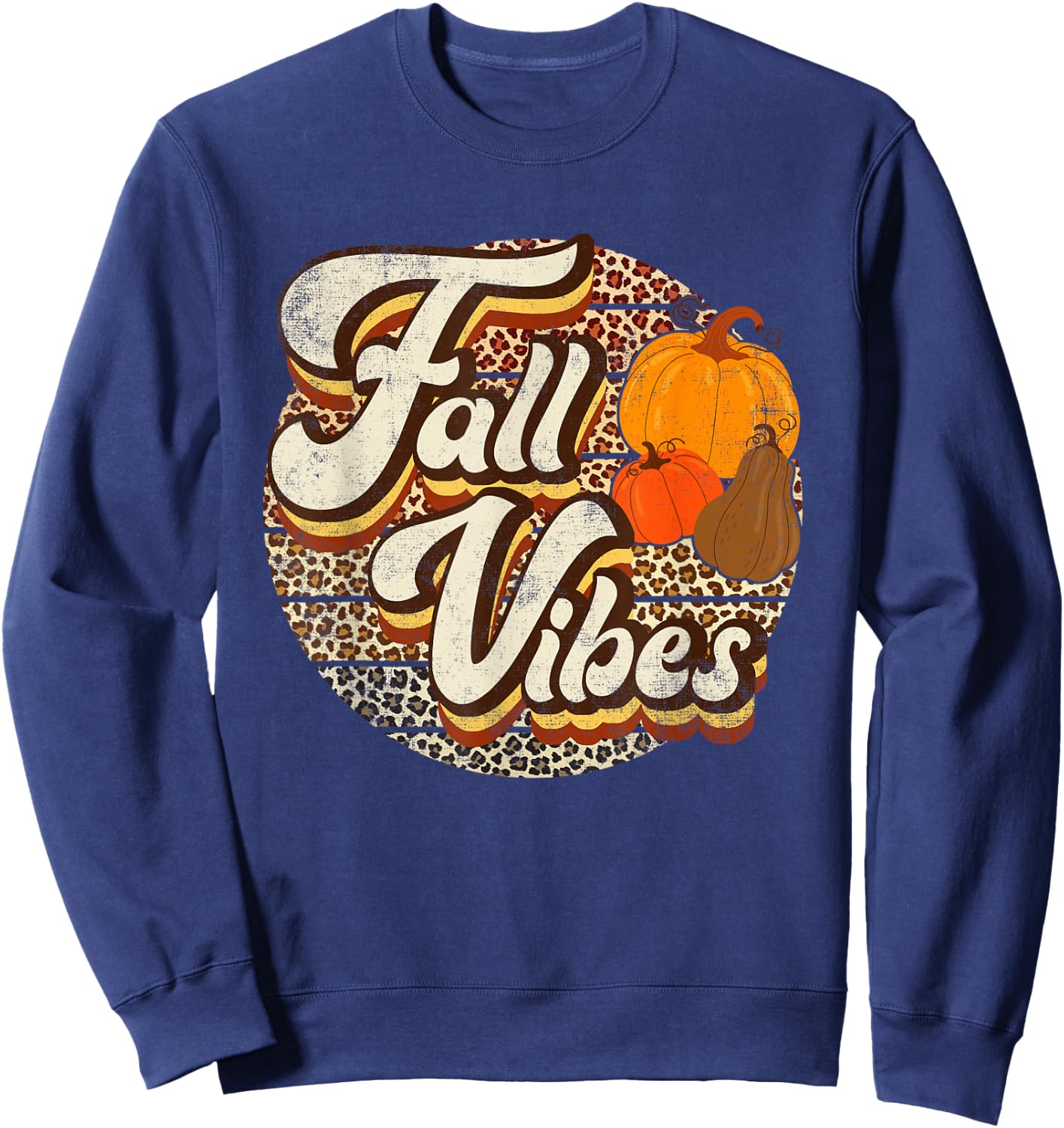 Retro Groovy Fall Vibes Leopard Thanksgiving Autumn Sweatshirt - Sweatshirt | Navy