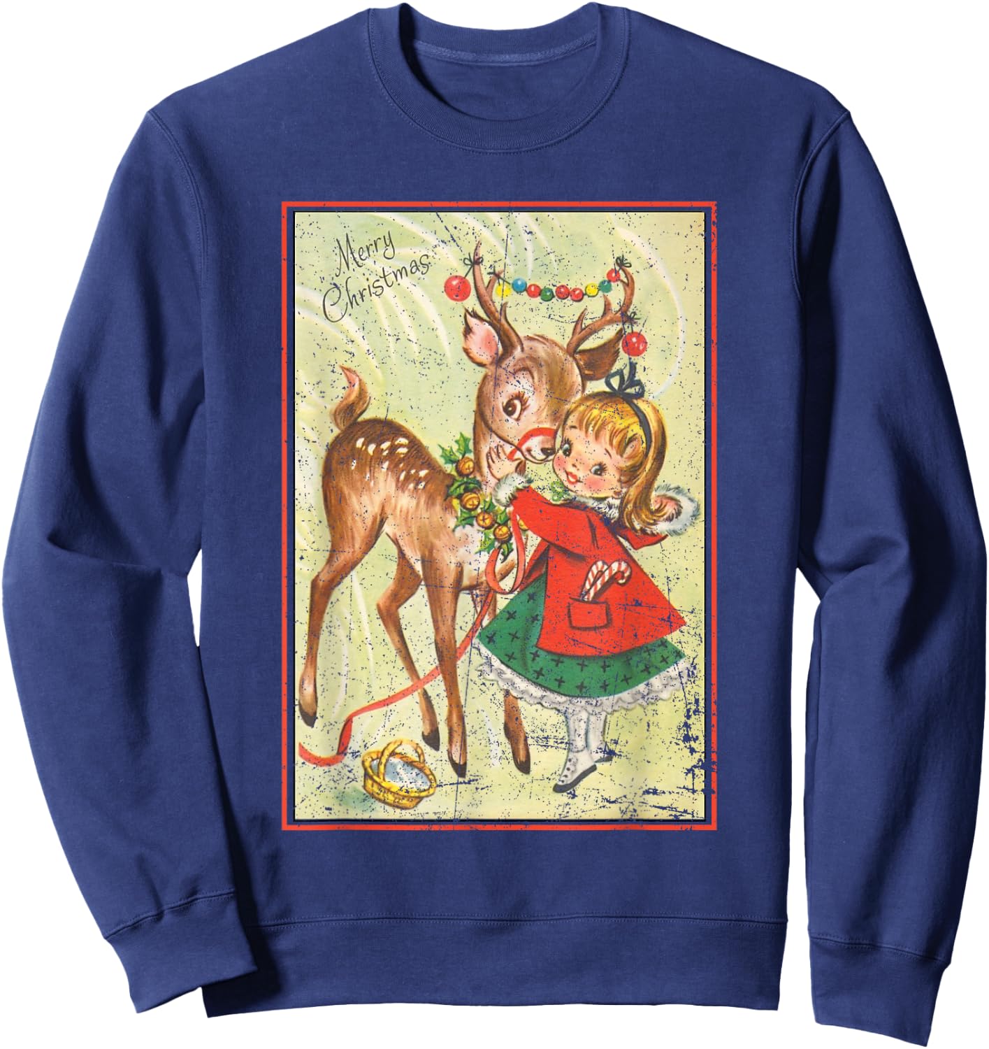 Vintage Pin Up Little Girl Reindeer Retro 1950s Christmas Sweatshirt - Sweatshirt | Navy
