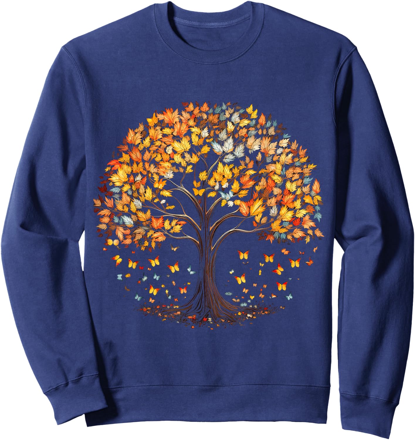 Fall Autumn falling leaves with Tree and Butterfly Sweatshirt - Sweatshirt | Navy