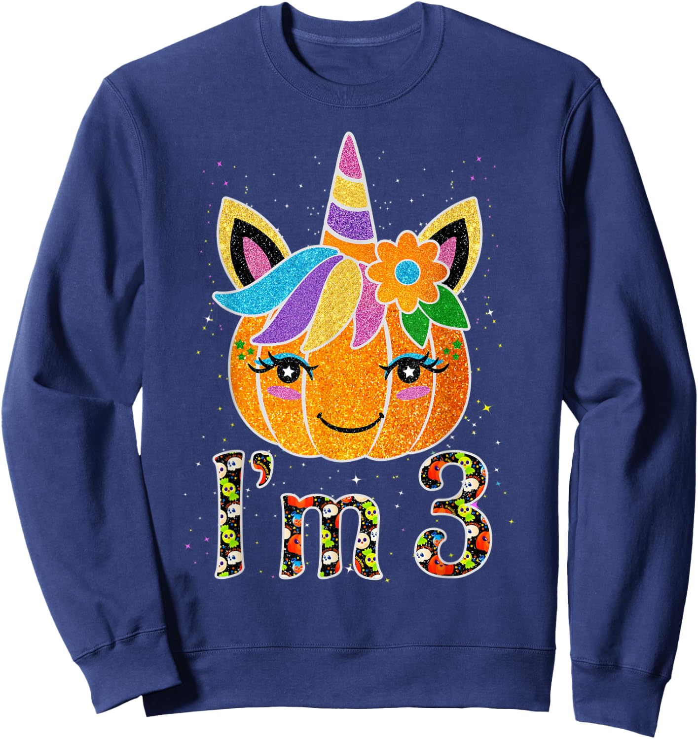 3 Years Old Unicorn Pumpkin Cute Design Birthday Halloween Sweatshirt - Sweatshirt | Navy