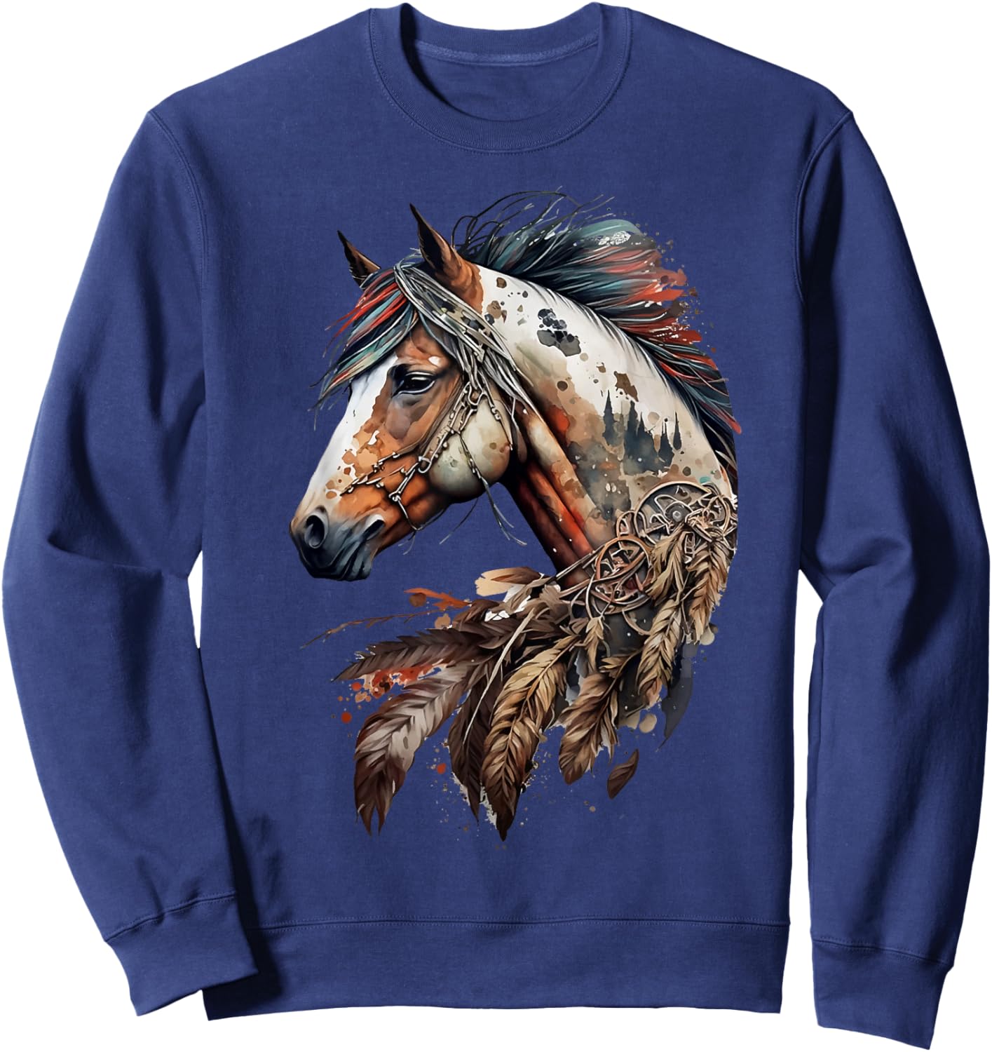 Bohemian Horse Portrait Horseback Native Equestrian Themed Sweatshirt - Sweatshirt | Navy