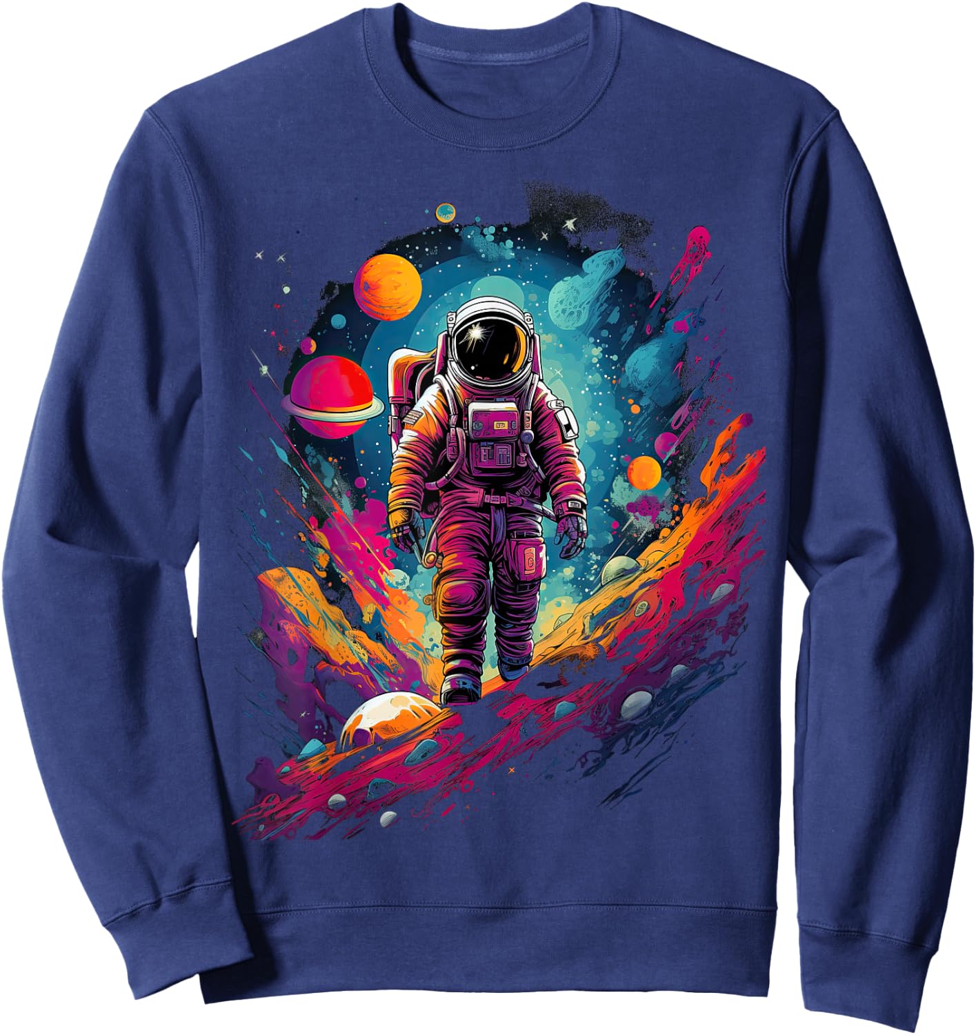 Astronaut in Space with Planets in Galaxies Sweatshirt - Sweatshirt | Navy