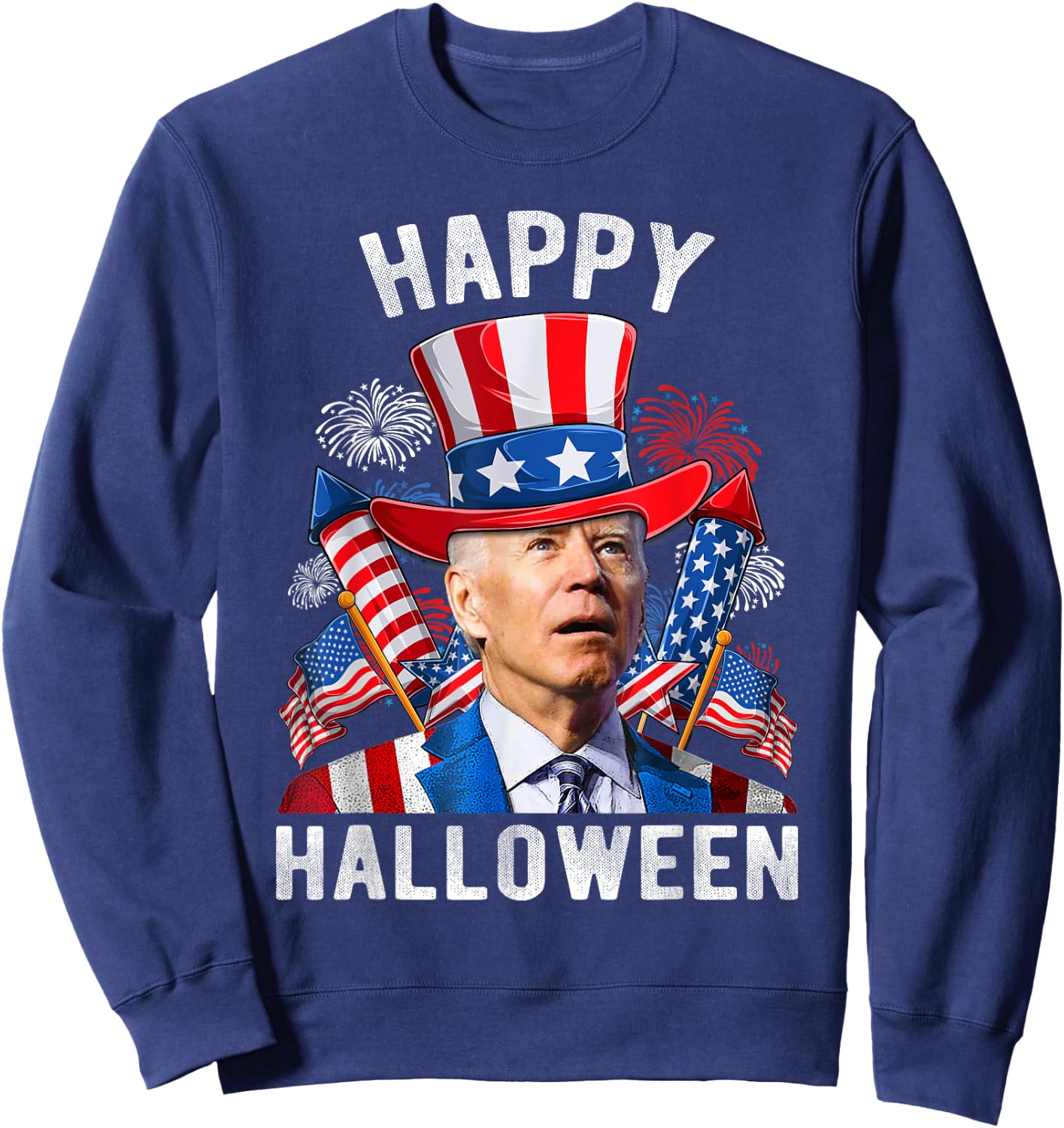 Happy Halloween Funny Joe Biden 4th Of July Firework US Flag Women Kids Men Sweatshirt - Sweatshirt | Navy