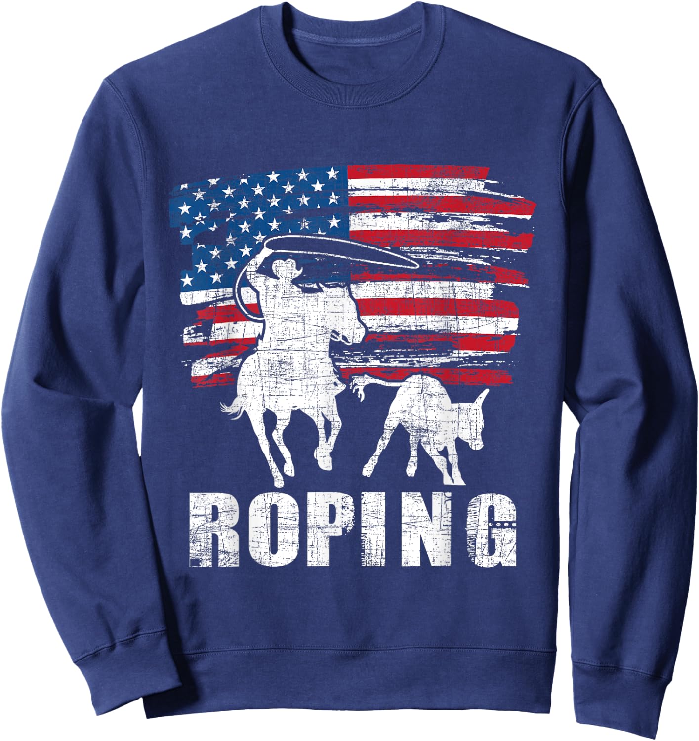 Team Roping - Roper USA American Flag Header Heeler Horse Sweatshirt - Sweatshirt | Navy