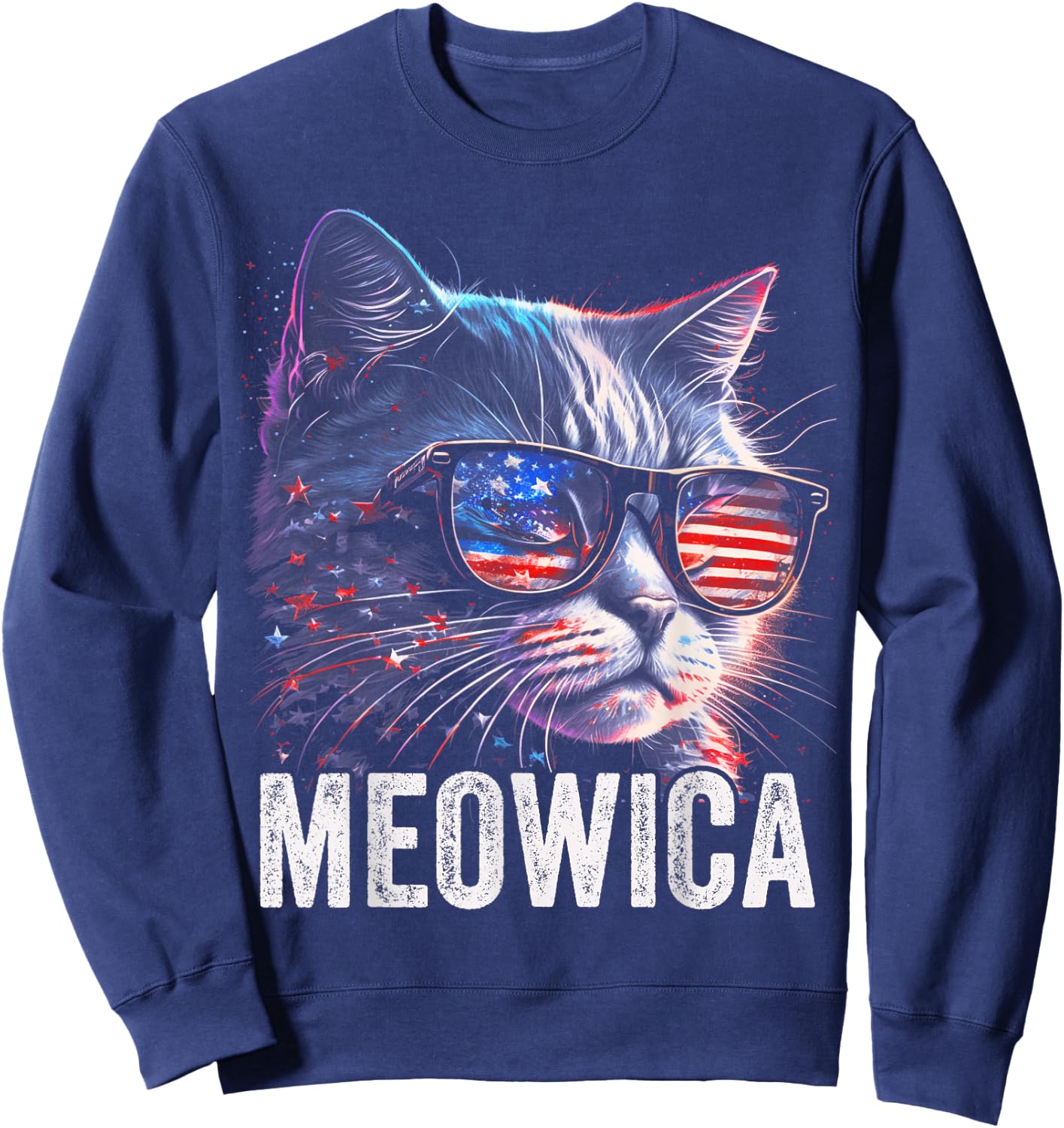 Meowica 4th of July Cat American Flag America USA Funny Sweatshirt - Sweatshirt | Navy
