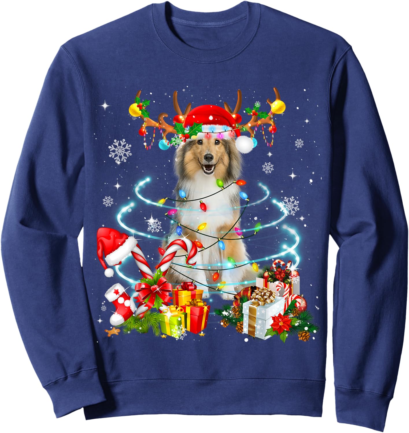 Sheltie Reindeer Christmas Tree Lights Pajama Dog Xmas Sweatshirt - Sweatshirt | Navy